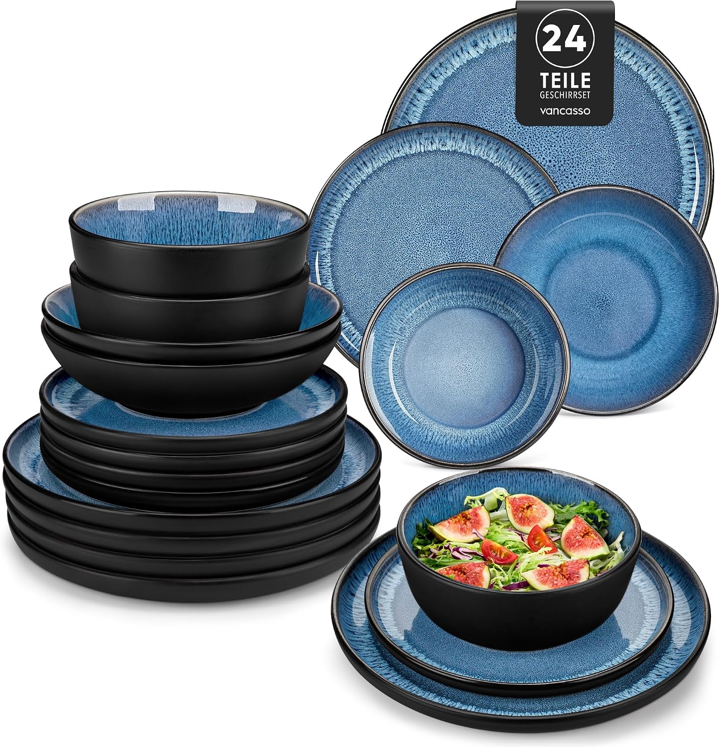 Detalle de vancasso PLAYA 24-Piece Stoneware Dinner Set for 6, Blue Glazed