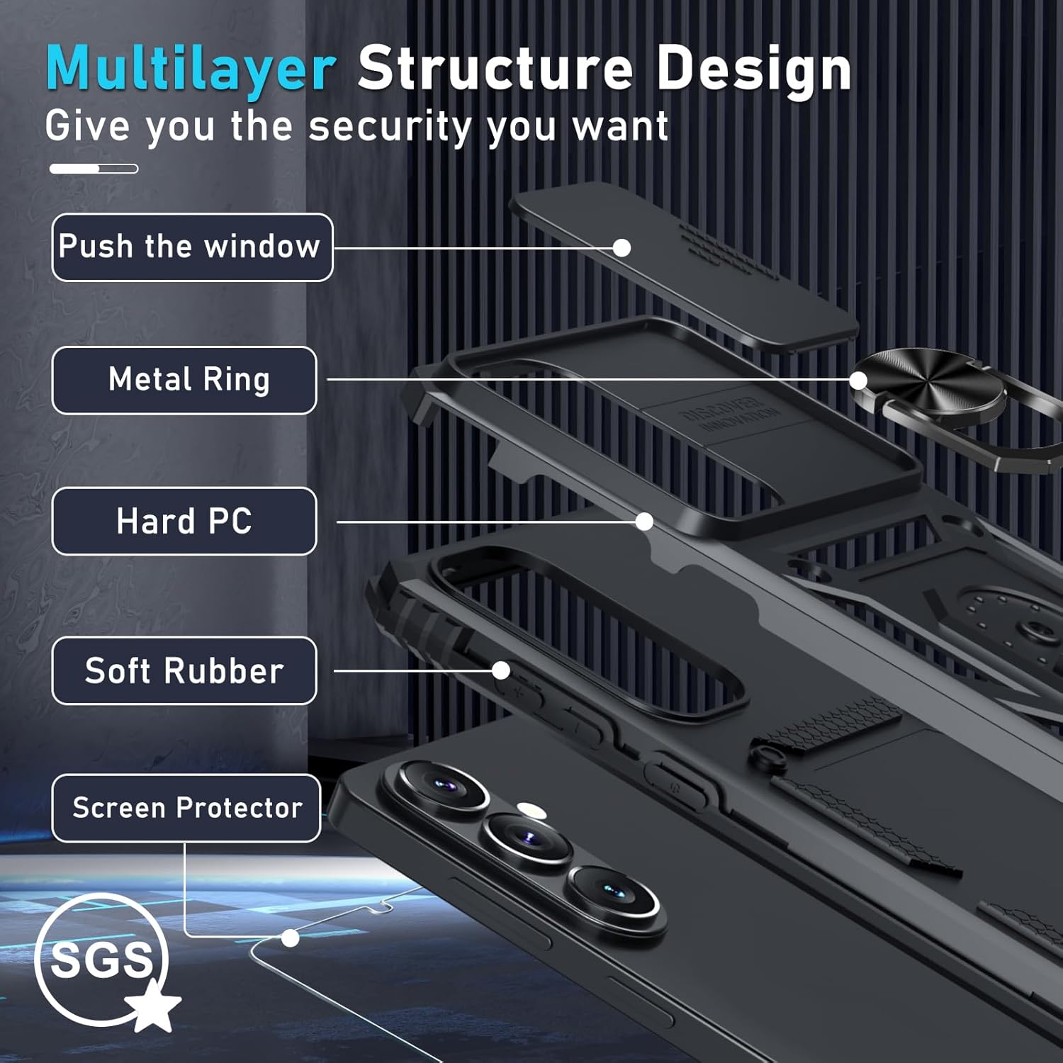 Thumbnail 3 de Janmitta Galaxy S26 Compatible Case with Slide Camera Lens Cover, Tempered Glass Screen Protector, and 360° Metal Kickstand Ring Holder (Black)