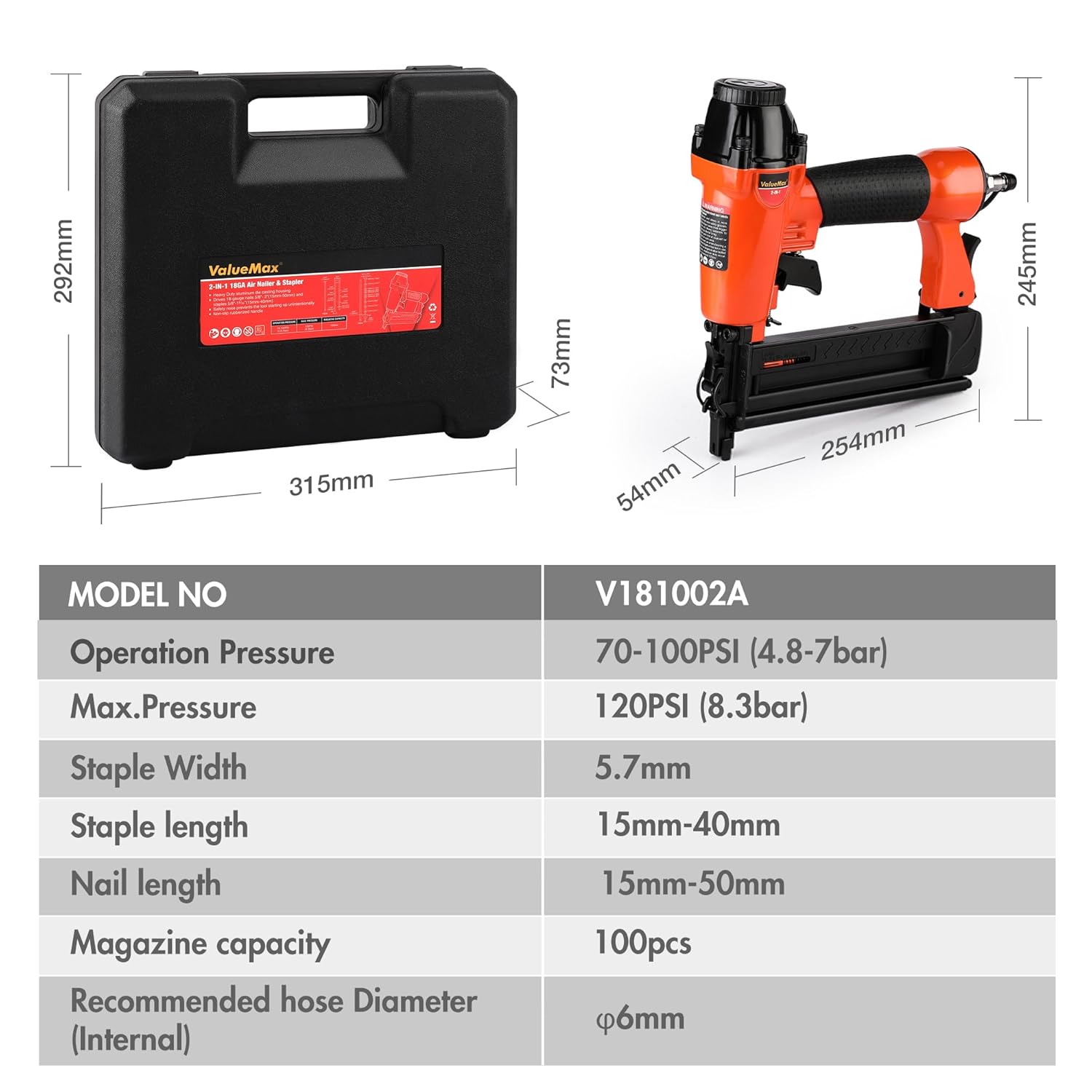 Detalle de ValueMax chiodatrice pneumatica 2 in 1 per aria compressa con 200 chiodi e 200 graffette, scarico 360° orientabile