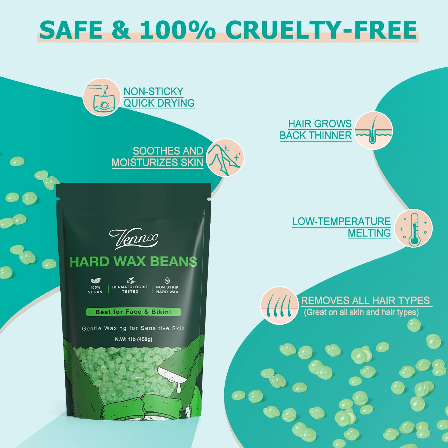 Detalle 2 de VENNCO 1LB Aloe Hard Wax Beads for Sensitive Skin and Coarse Hair