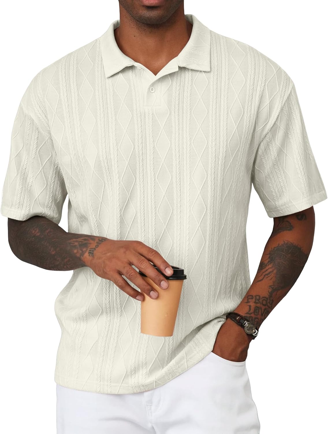 Detalle de JMIERR Men's Polo Shirt Textured Knit Button Short Sleeve – Old Money Style