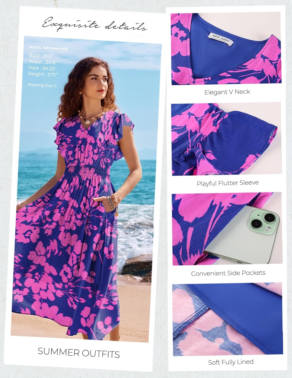 Detalle de Kate Kasin Robe bohème à fleurs pour femme – Robe d'été décontractée avec poches