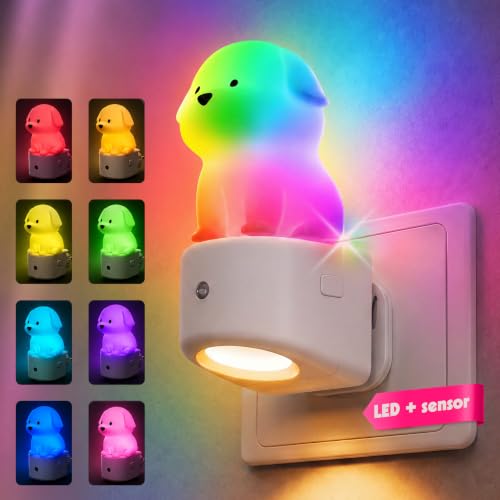 Detalle de AMHÖ Luz Nocturna Infantil con Enchufe Perro 3D: lunares colores suaves para dormir sin sobresaltos