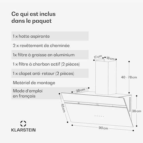 Thumbnail 6 de Klarstein Alina : hotte murale 90 cm – 615 m³/h, éclairage LED 9 couleurs, contrôle tactile, mode extraction ou recirculation