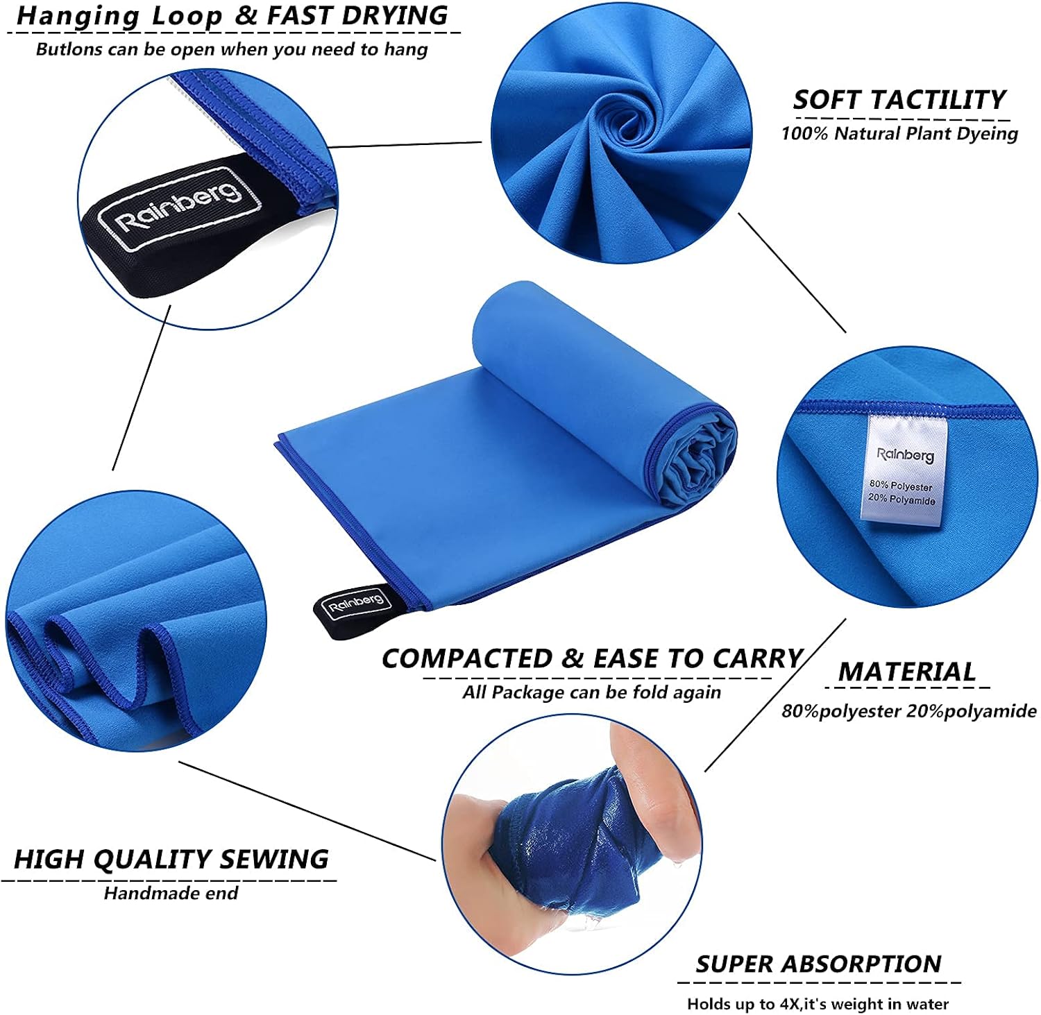 Thumbnail 5 de Rainberg Microfiber Towel (180x90cm) – Large Gym Towel for Travel, Gym and Outdoors