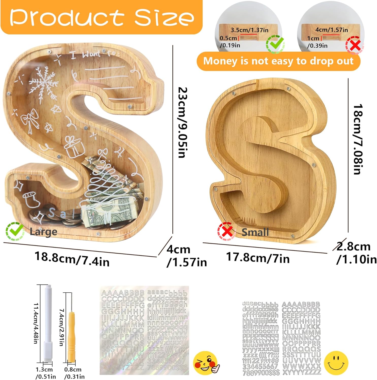 Detalle de Mikytoper Large Wooden Letter Money Box for Kids – Personalised A-Z Piggy Bank