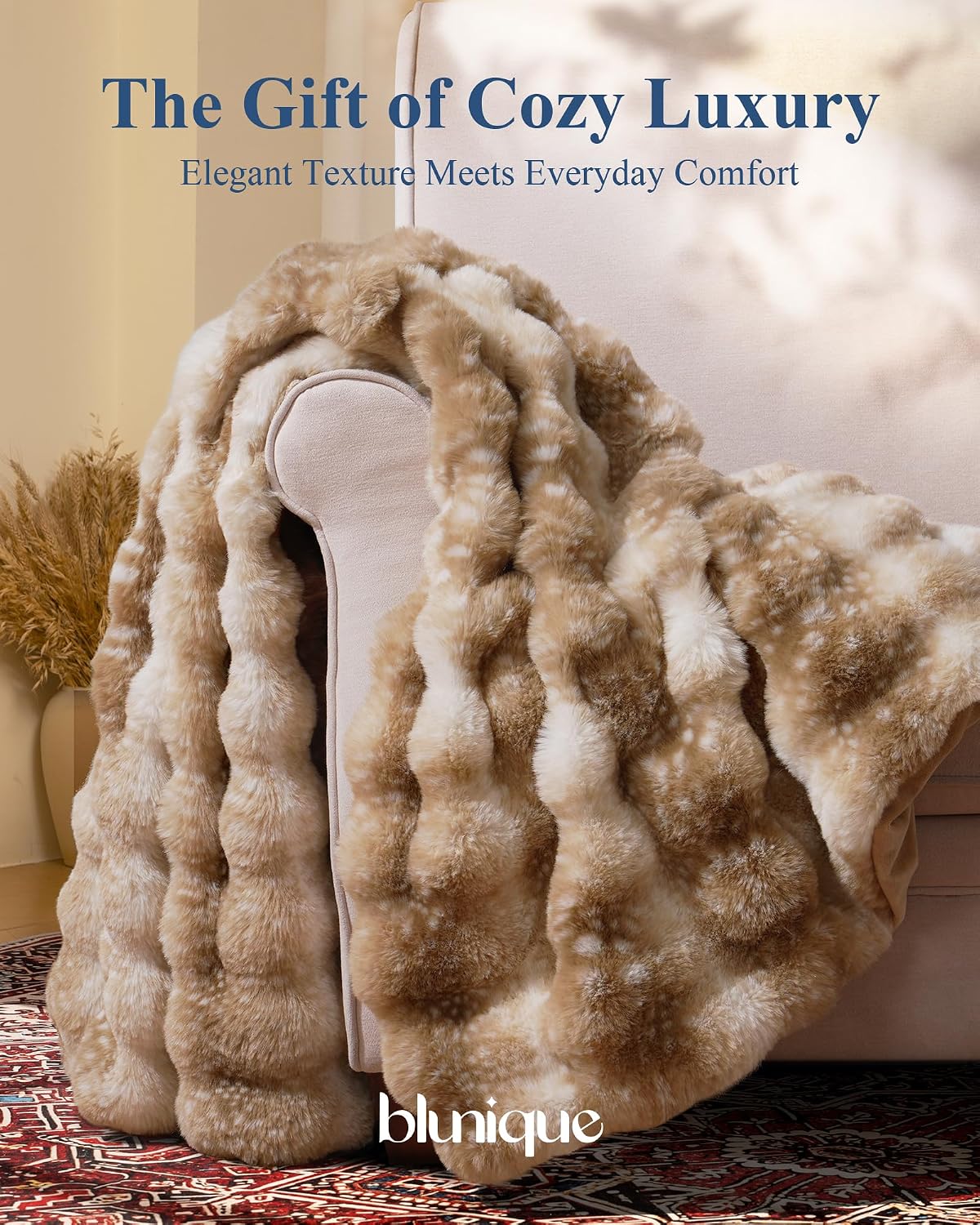 Thumbnail 4 de blunique FFTB Faux Fur Throw Blanket, 50 x 60 in, Tie-Dye Camel