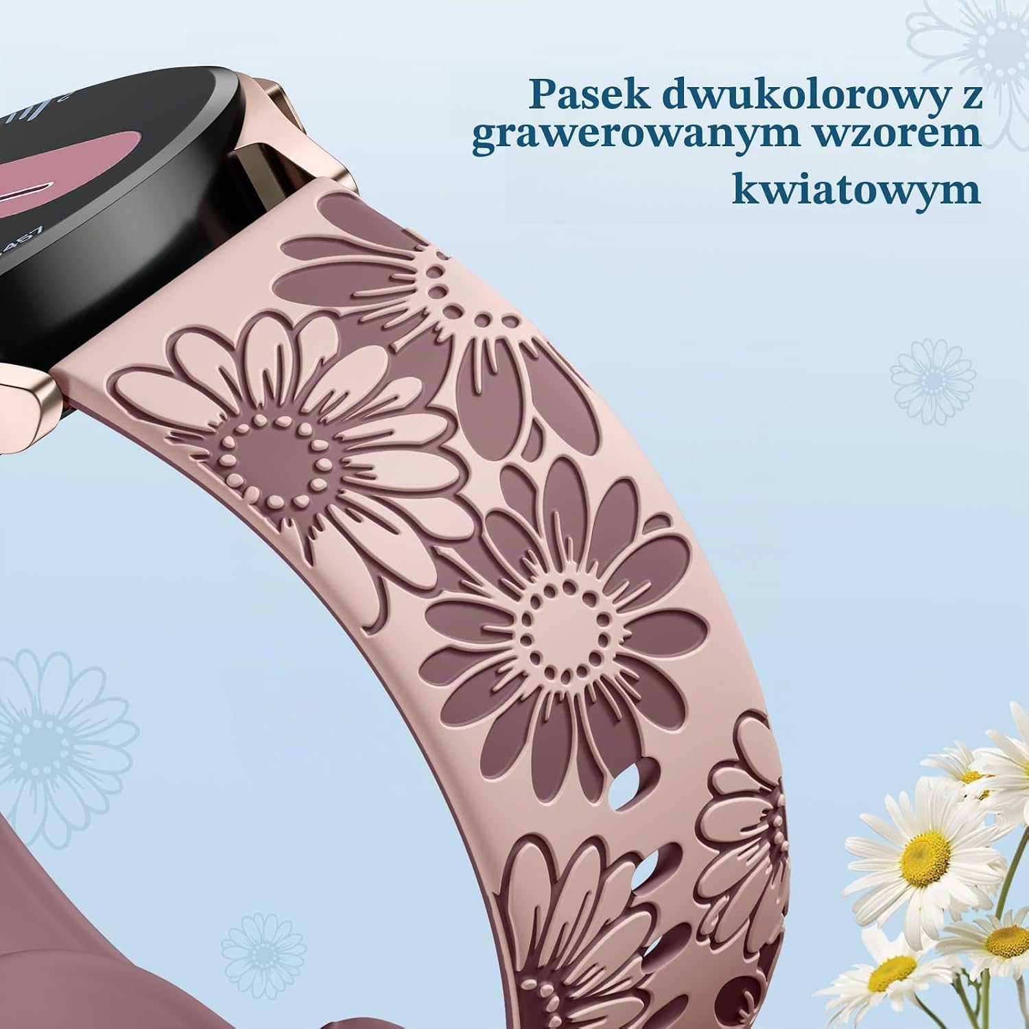 Detalle de Netolo SG-20-Sunflower-PinkPurple – silikonowy pasek 20 mm z grawerem kwiatowym