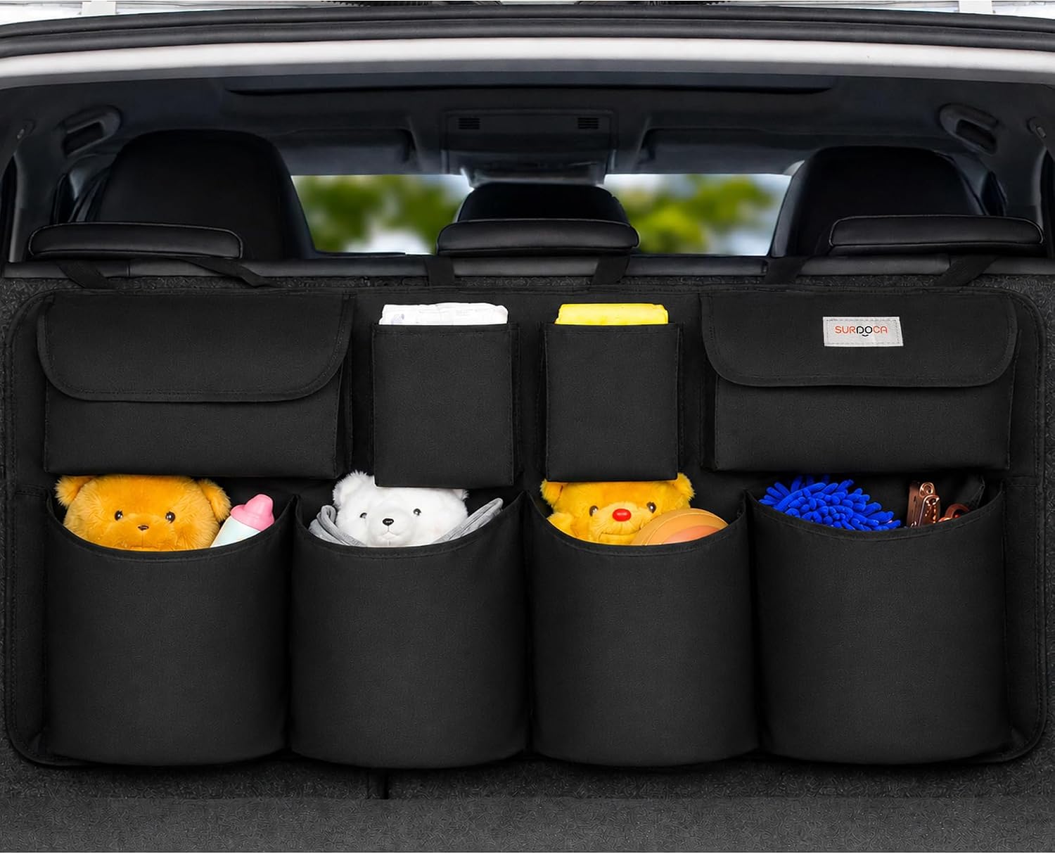 Detalle de SURDOCA Car Trunk Organizer – Large Capacity with 8 Pockets (43 x 19 in)
