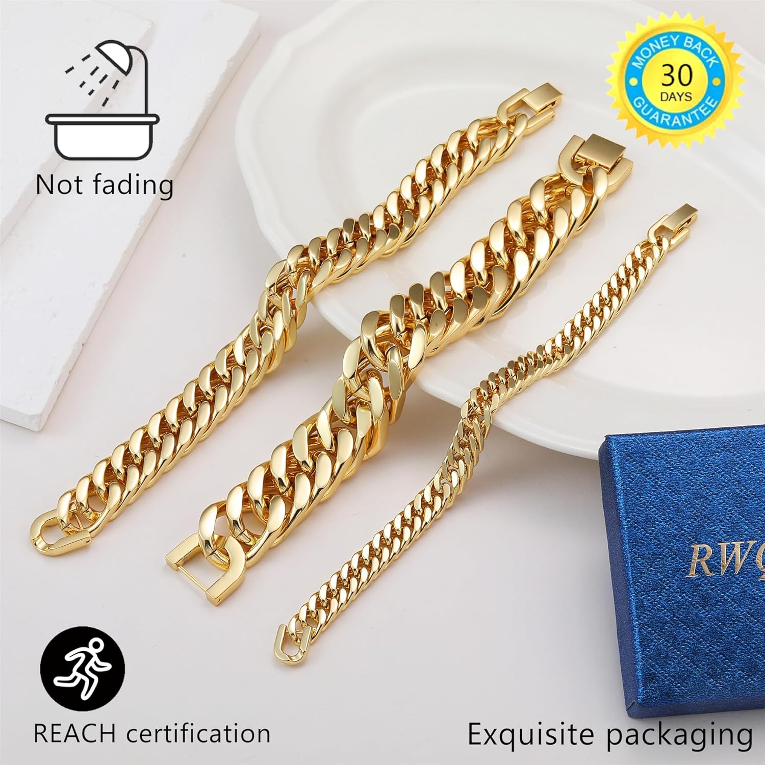 Thumbnail 4 de RWQIAN Armband Herren Edelstahl Panzerkette 8/12/17 mm – Silber/Gold/Schwarz, 18/20/22 cm