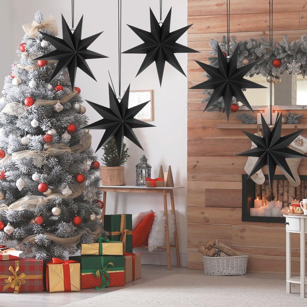 Detalle de Vicloon 9 Pointed Paper Star Lanterns, 30cm 3D, pack of 5, black