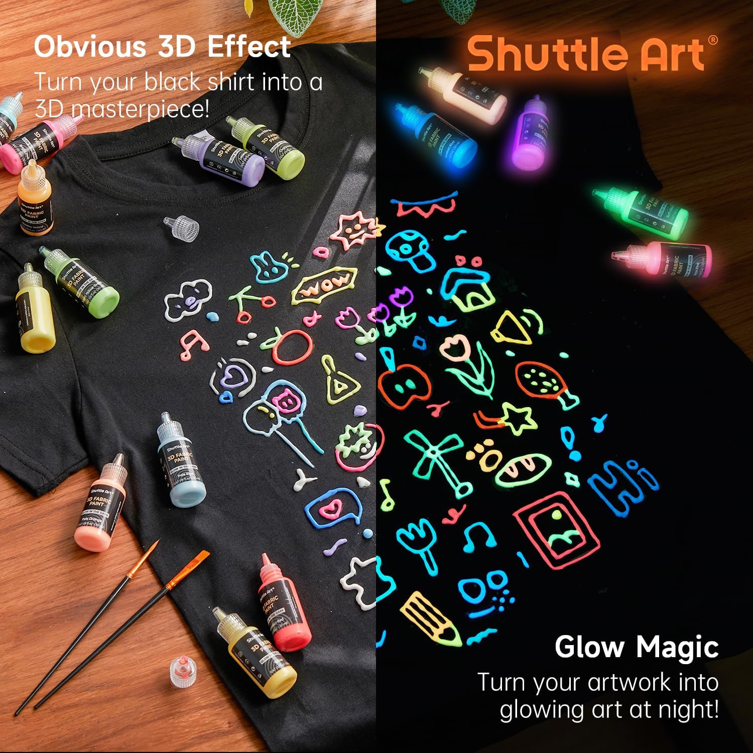Detalle 2 de Shuttle Art 3D Textilfarbe „Glow in the Dark“ – 26 fluoreszierende Stoffmalfarben (waschmaschinenfest) für T-Shirts & Co.