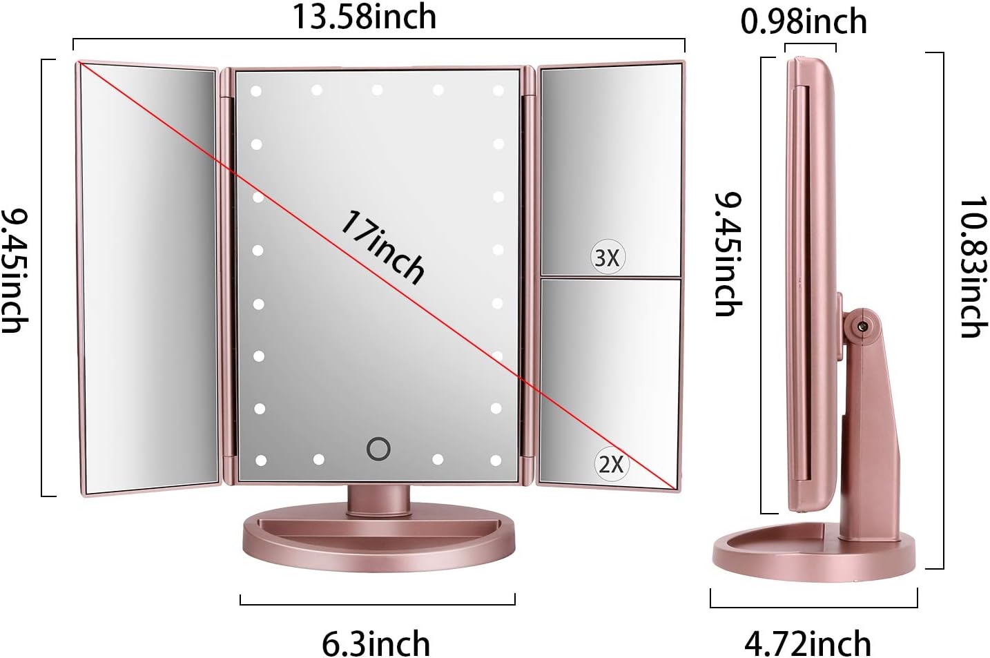 Detalle de deweisn Dresser Mount Tri-Fold Lighted Vanity Mirror with 21 LEDs, Touch Screen, and 3X/2X/1X Magnification