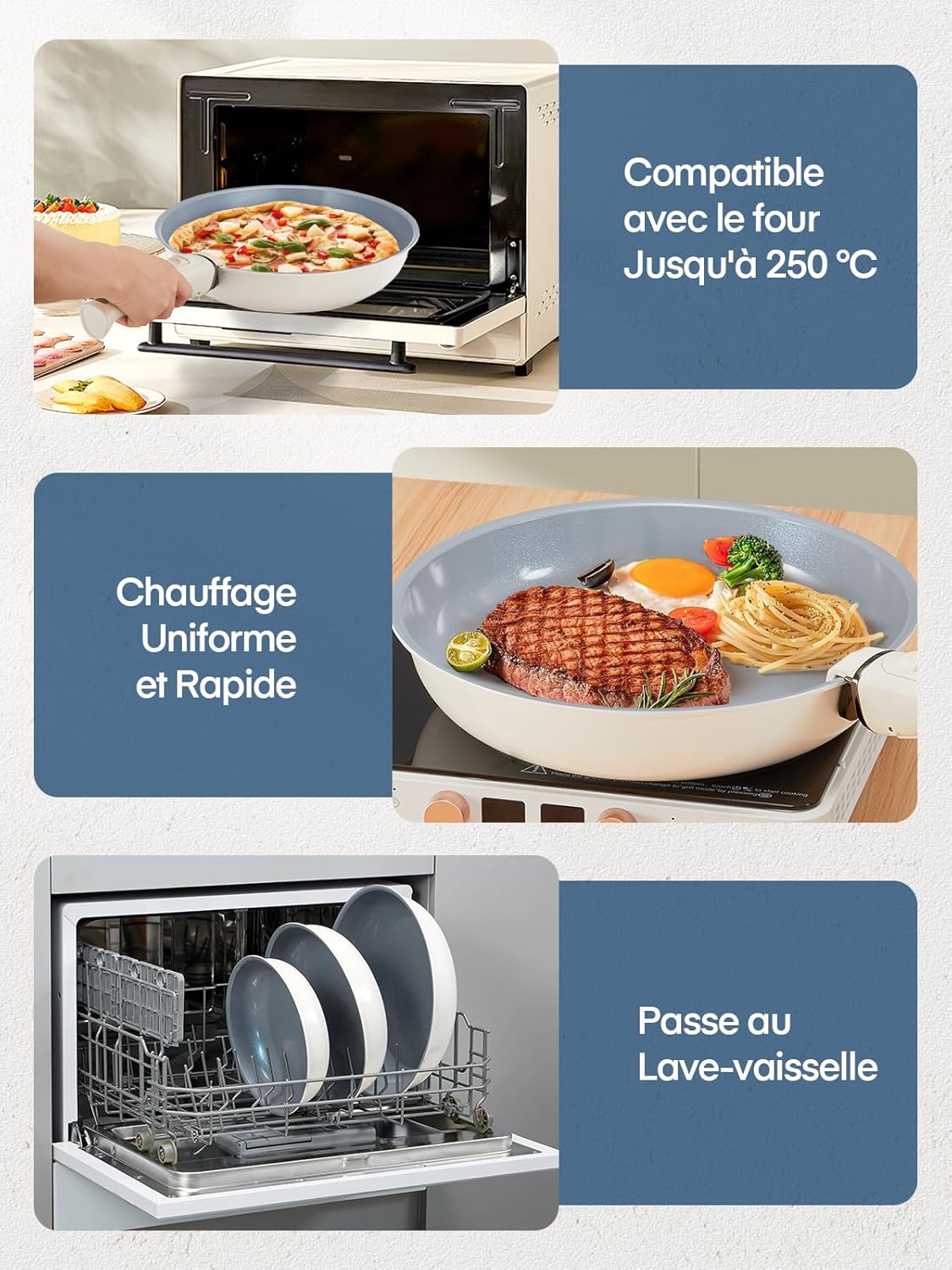 Thumbnail 6 de FOHERE lot de 3 poêles 20/24/28 cm avec poignée amovible (revêtement céramique, induction)