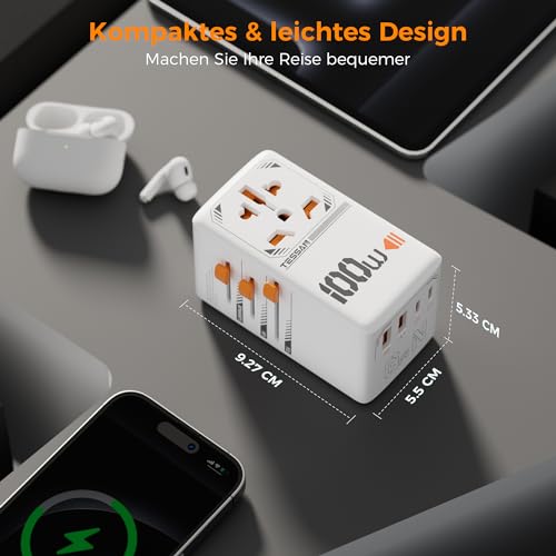 Detalle de TESSAN 100W GaN Reiseadapter weltweit – 2 USB-C, 2 USB-A, Weiß