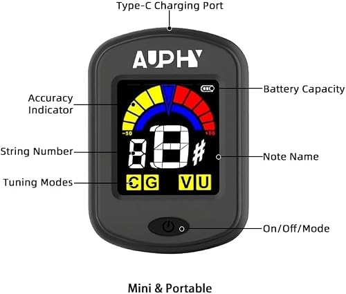 Thumbnail 7 de AUPHY GT100 Rechargeable Clip-On Tuner for Guitar, Ukulele, Violin and More
