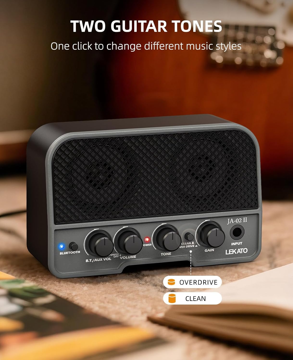Detalle de LEKATO JA-02 II Mini Guitar Amp: Compact, Battery-Powered Dual 5W Practice Amp