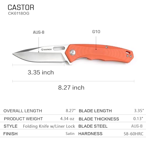 Detalle 1 de Harnds Navaja plegable Castor CK6118 con hoja AUS-8 y mango G10, 123 g, naranja