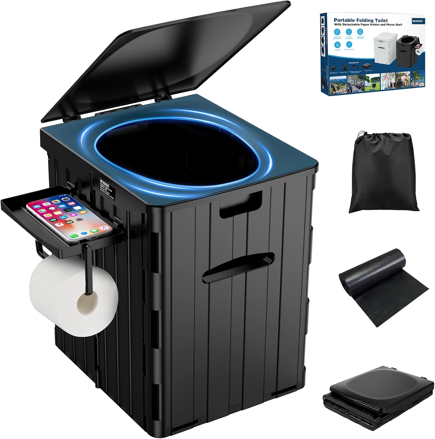 Detalle de WADEO OD0558-P opvouwbaar campingtoilet van ABS met telefoonhouder