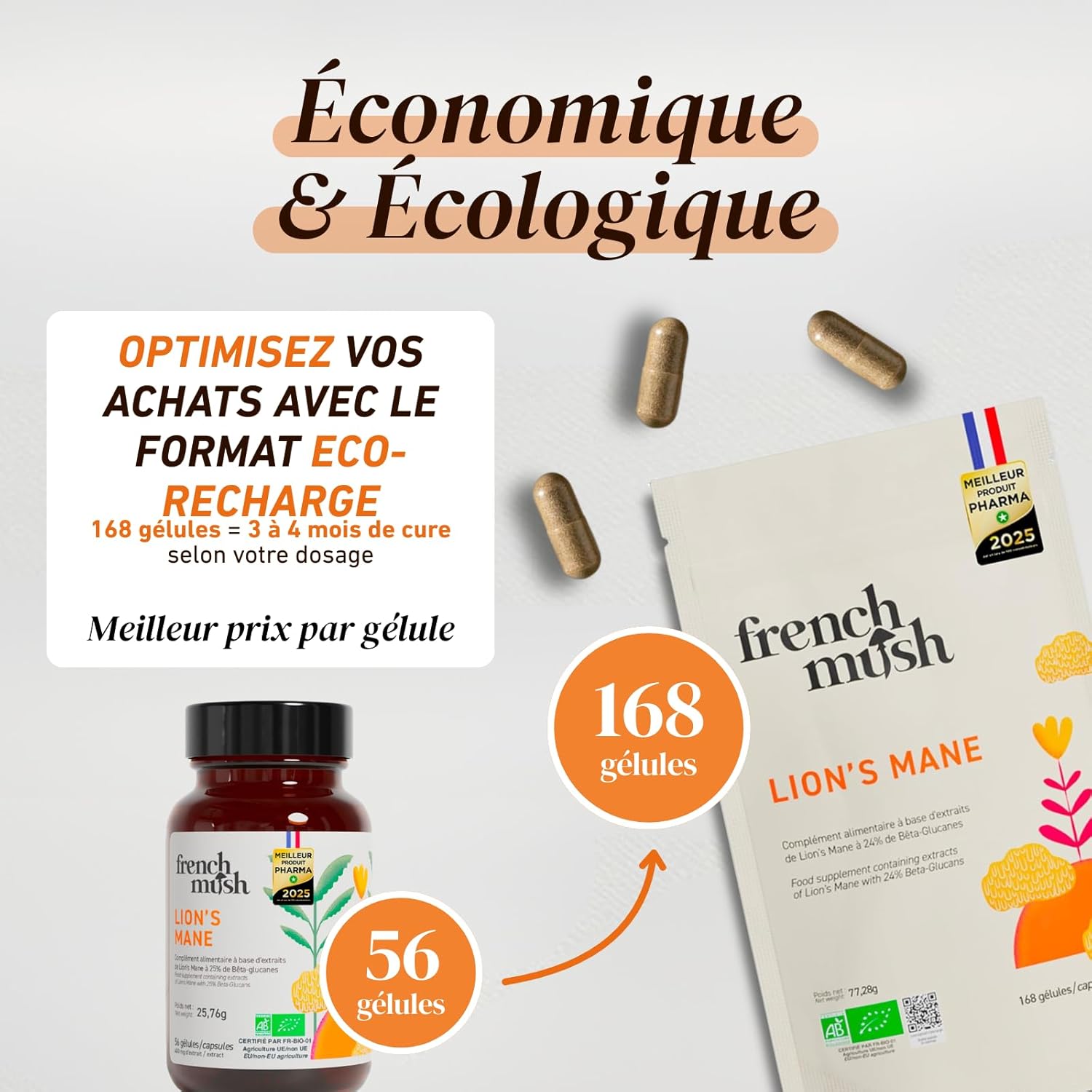 Thumbnail 1 de French Mush Lion’s Mane Bio 8000 mg – 56 gélules vegan (Hericium erinaceus) pour le cerveau et l’humeur