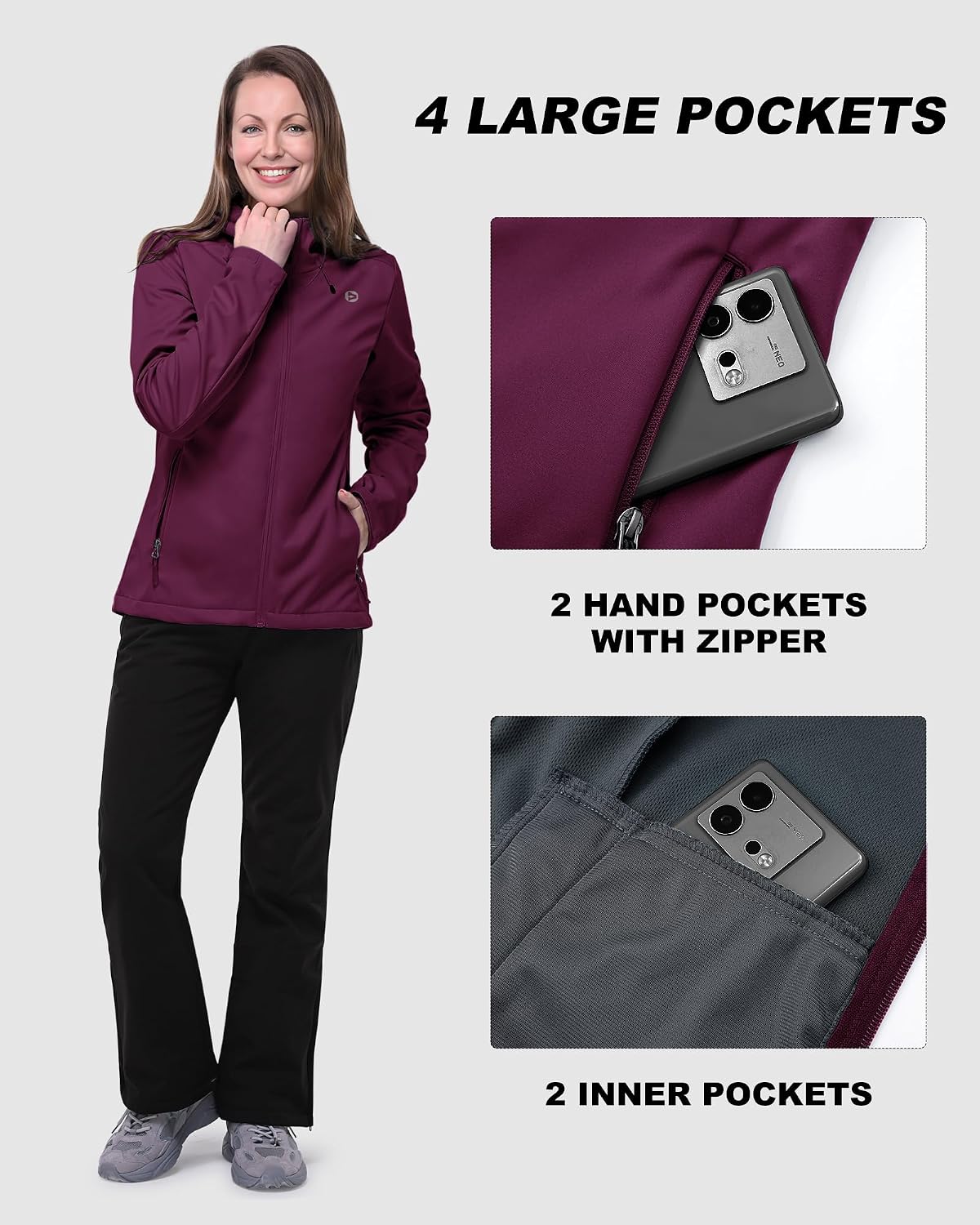 Detalle 2 de Outdoor Ventures Damen wasserdichte Softshelljacke mit Kapuze – Winddicht für Radfahren & Wandern