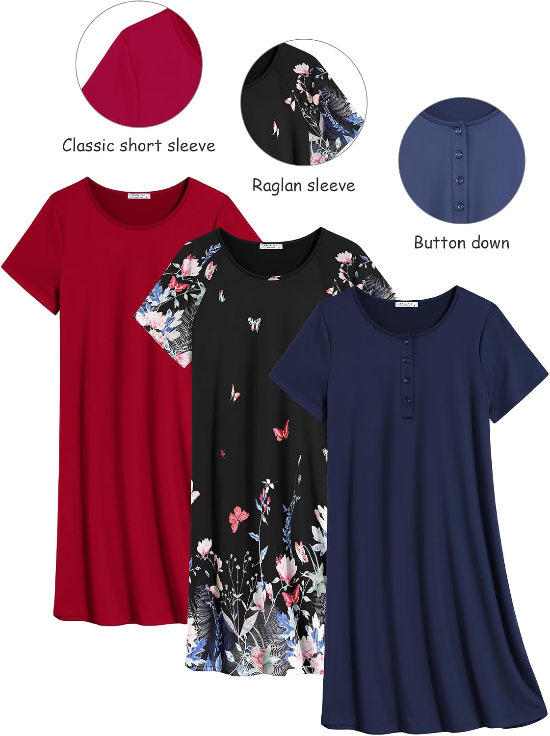 Thumbnail 6 de Ekouaer 3-Pack Women’s Nightgowns, Short-Sleeve with Three Styles