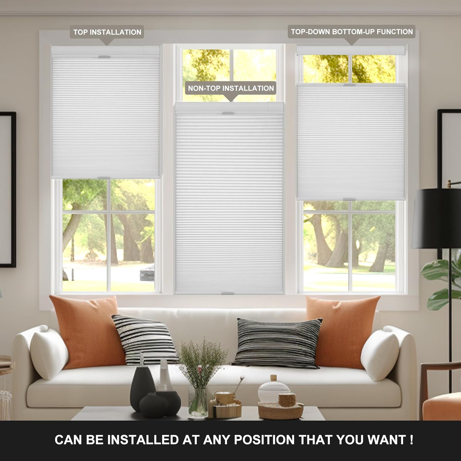 Detalle de Boolegon No Drill No Tools Cellular Shades Top Down Bottom Up Honeycomb Blinds – White, Blackout, 33.5" W x 78" H