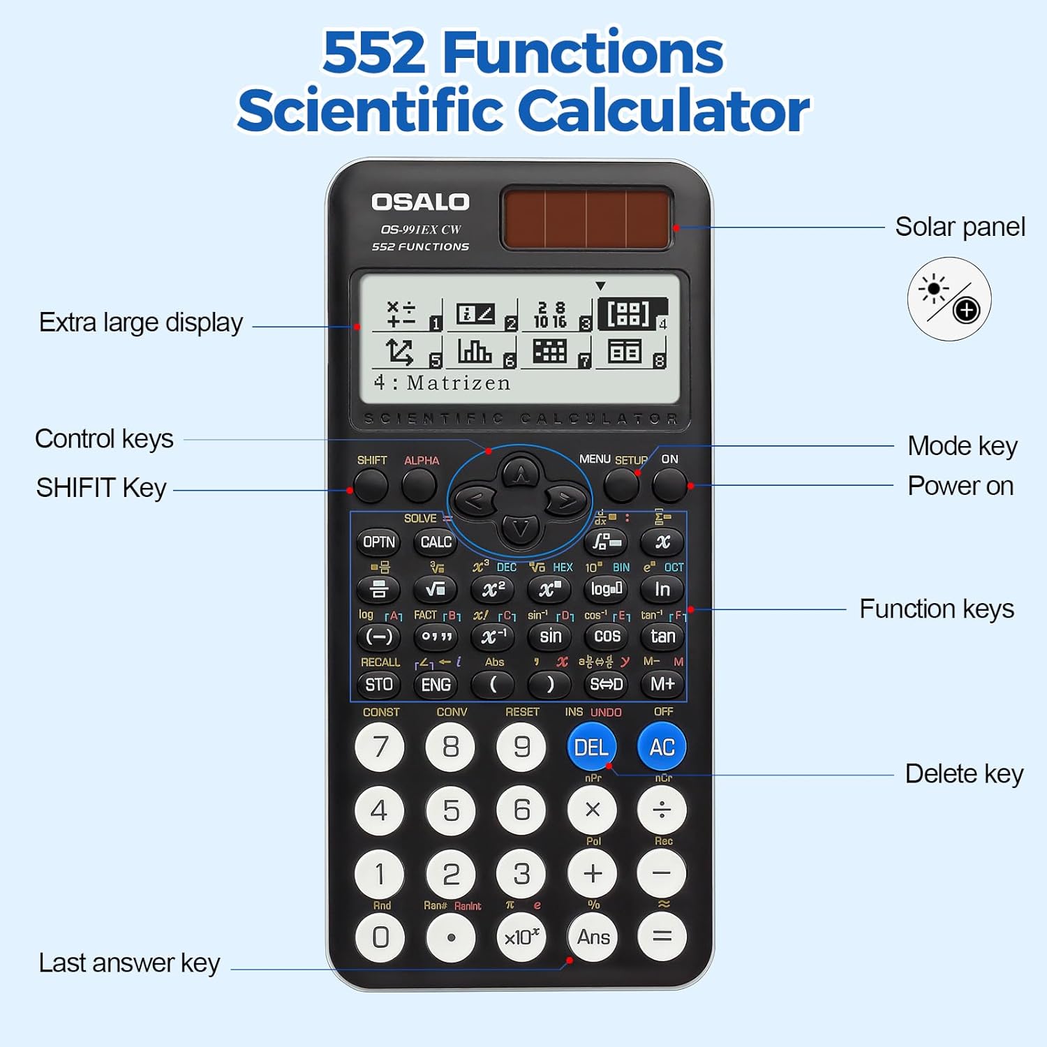 Thumbnail 6 de OSALO OS-991EX CW scientific calculator with 552 functions, 4-line written display (solar + battery)