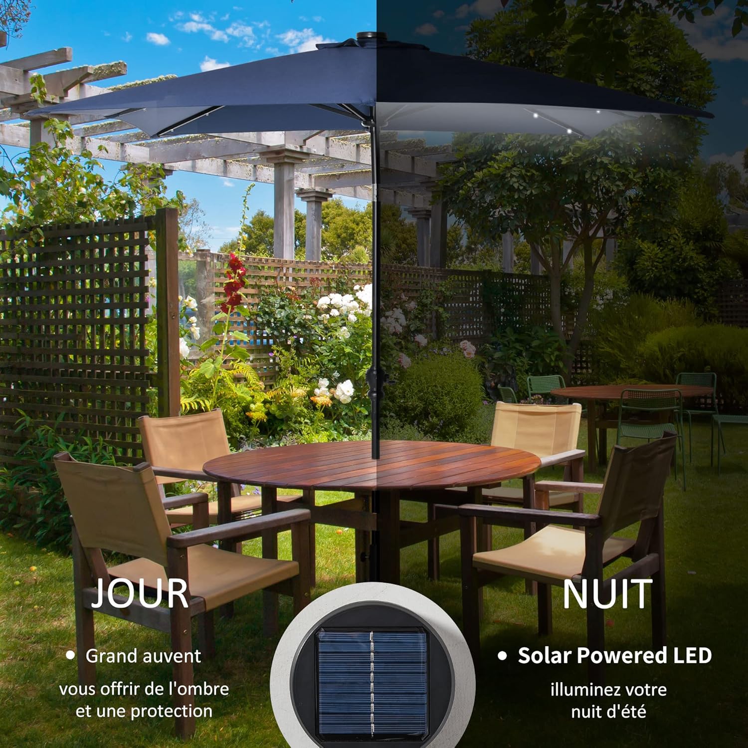 Thumbnail 2 de Outsunny Parasol de jardin droit LED 3 x 2 m avec éclairage solaire – Rectangulaire inclinable en bleu