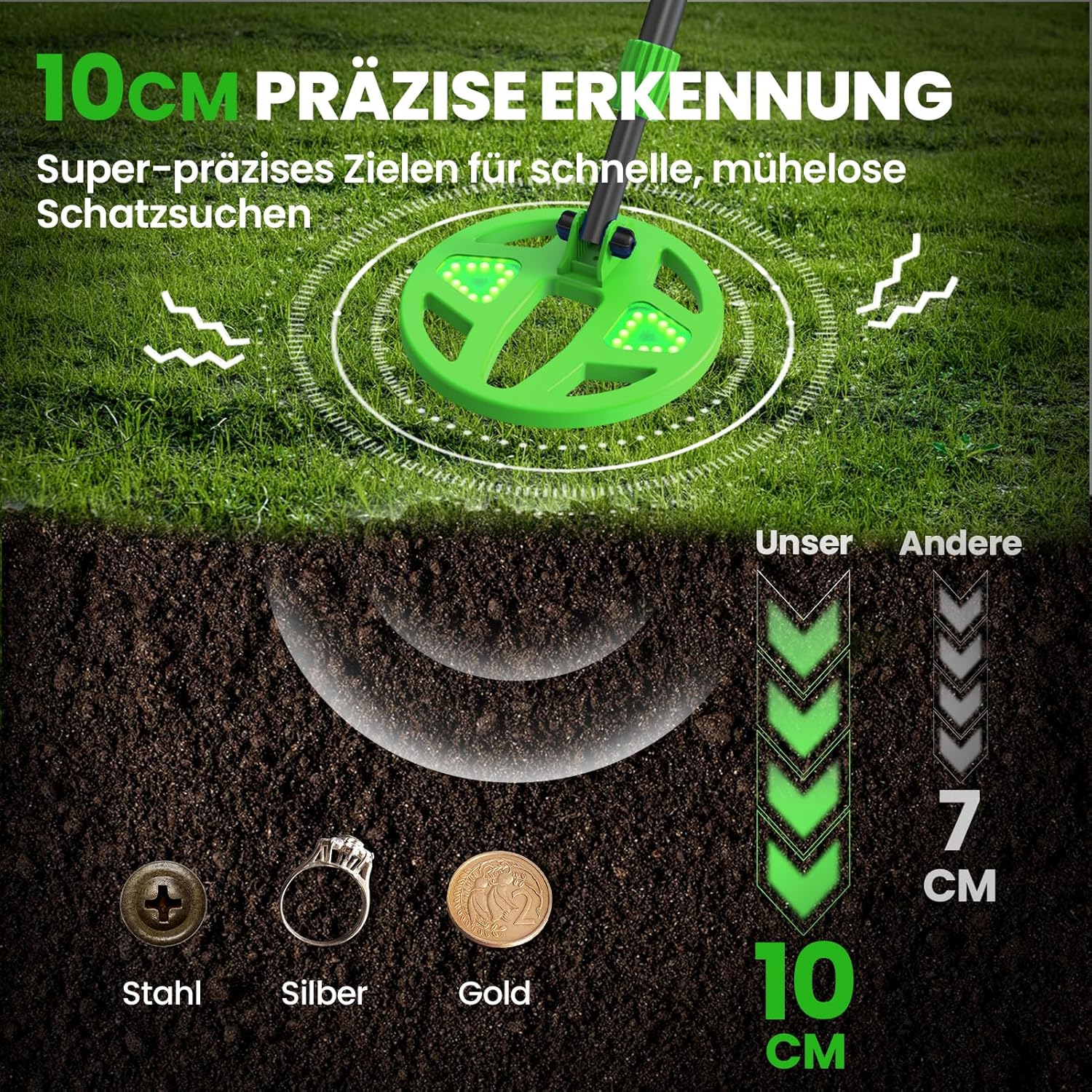 Thumbnail 3 de DR.ÖTEK Metalldetektor Kinder mit Farb-LCD und 6" Suchspule (LED) – für 3 bis 12 Jahre, grün