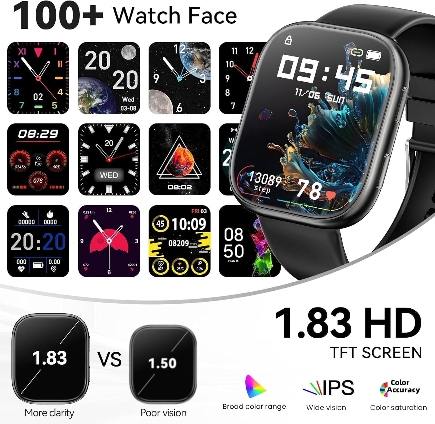 Thumbnail 1 de Mingtawn 1.83" HD Smart Watch with Bluetooth Calling, Heart Rate & SpO2 Monitoring (IP67)