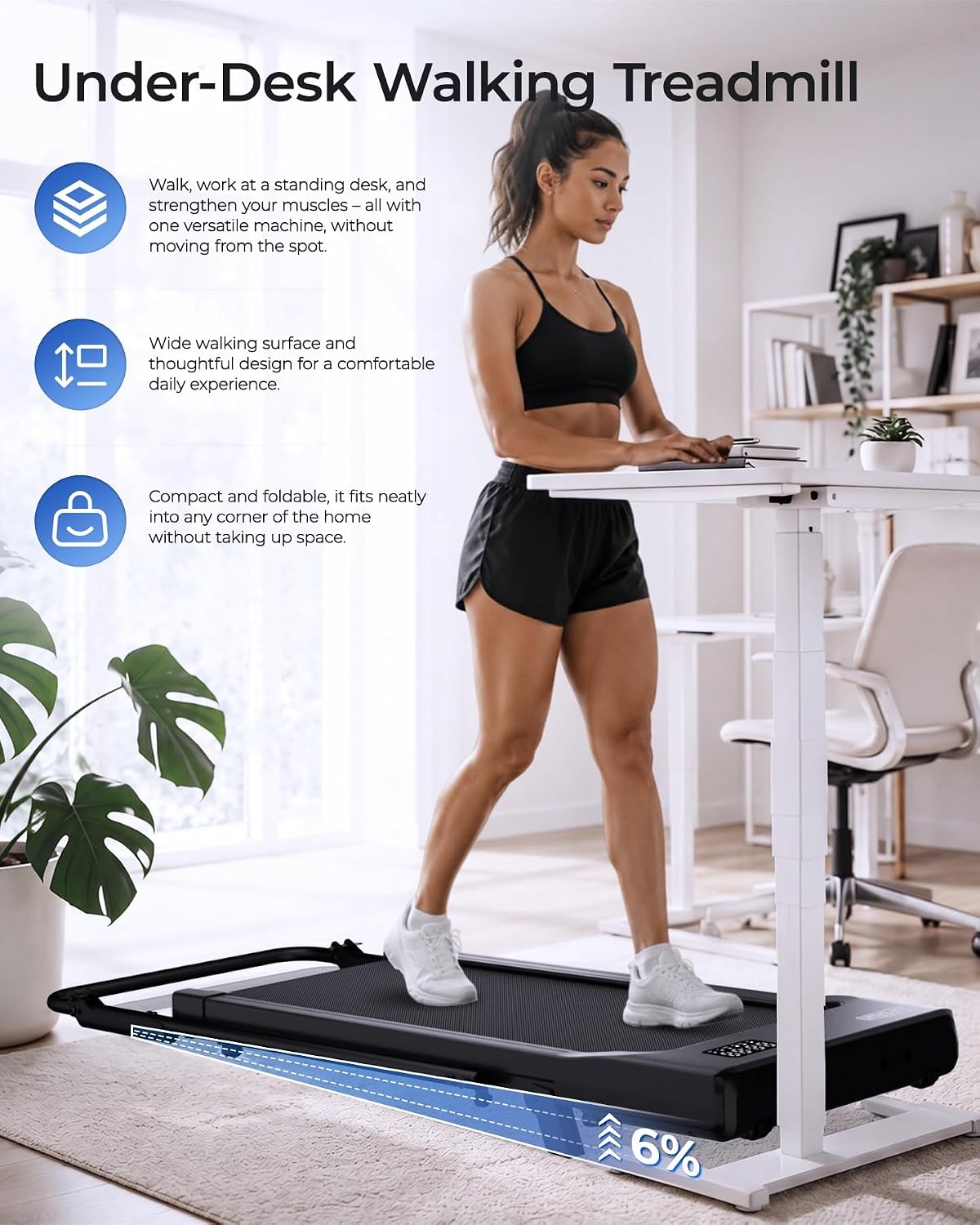 Detalle de Superun BA09-F4 Walking Pad Treadmill, 6% Incline, 2.5 HP, 0.6–3.8 MPH