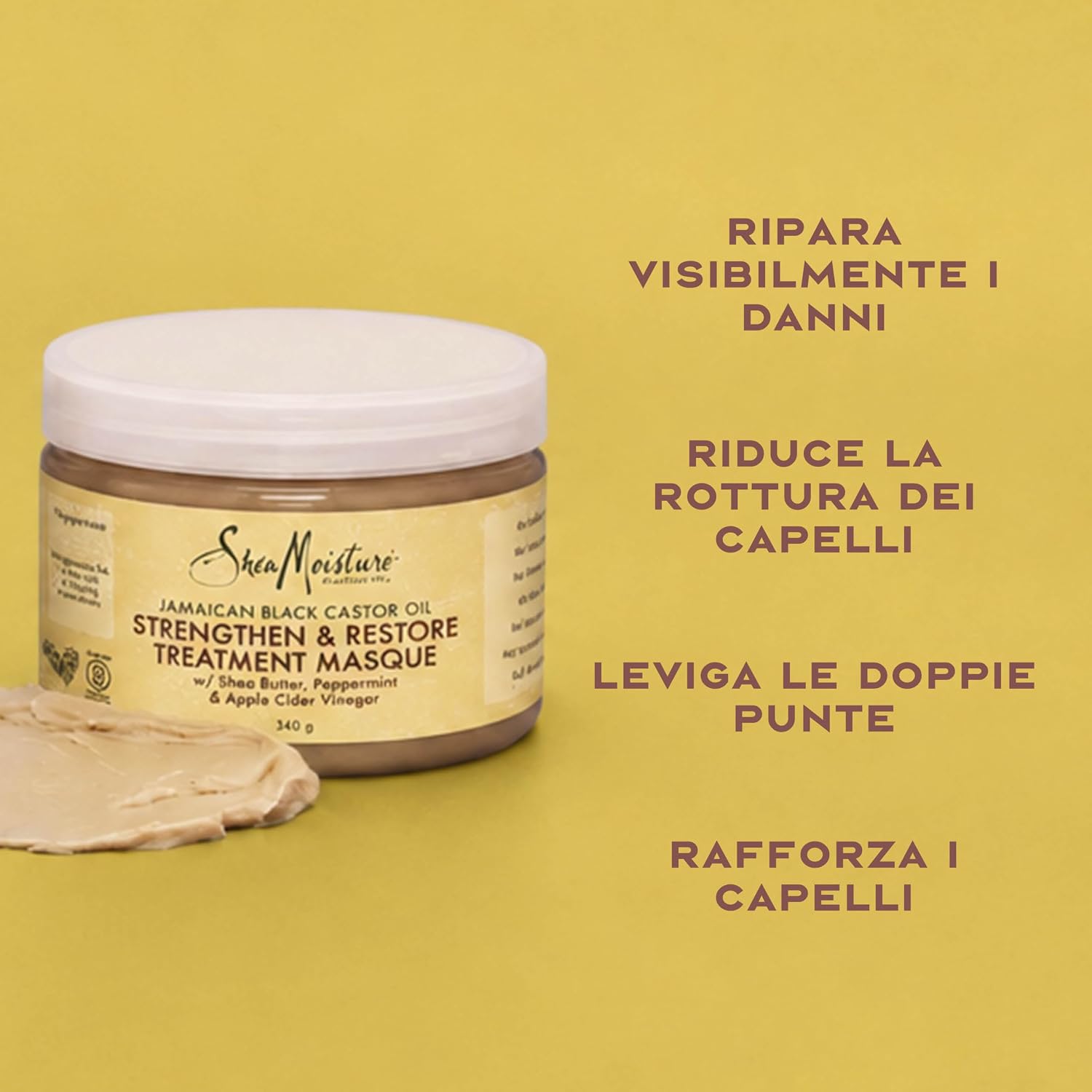 Detalle 2 de SheaMoisture Maschera Strengthen & Restore (355 ml) per capelli trattati, sfibrati e ricci