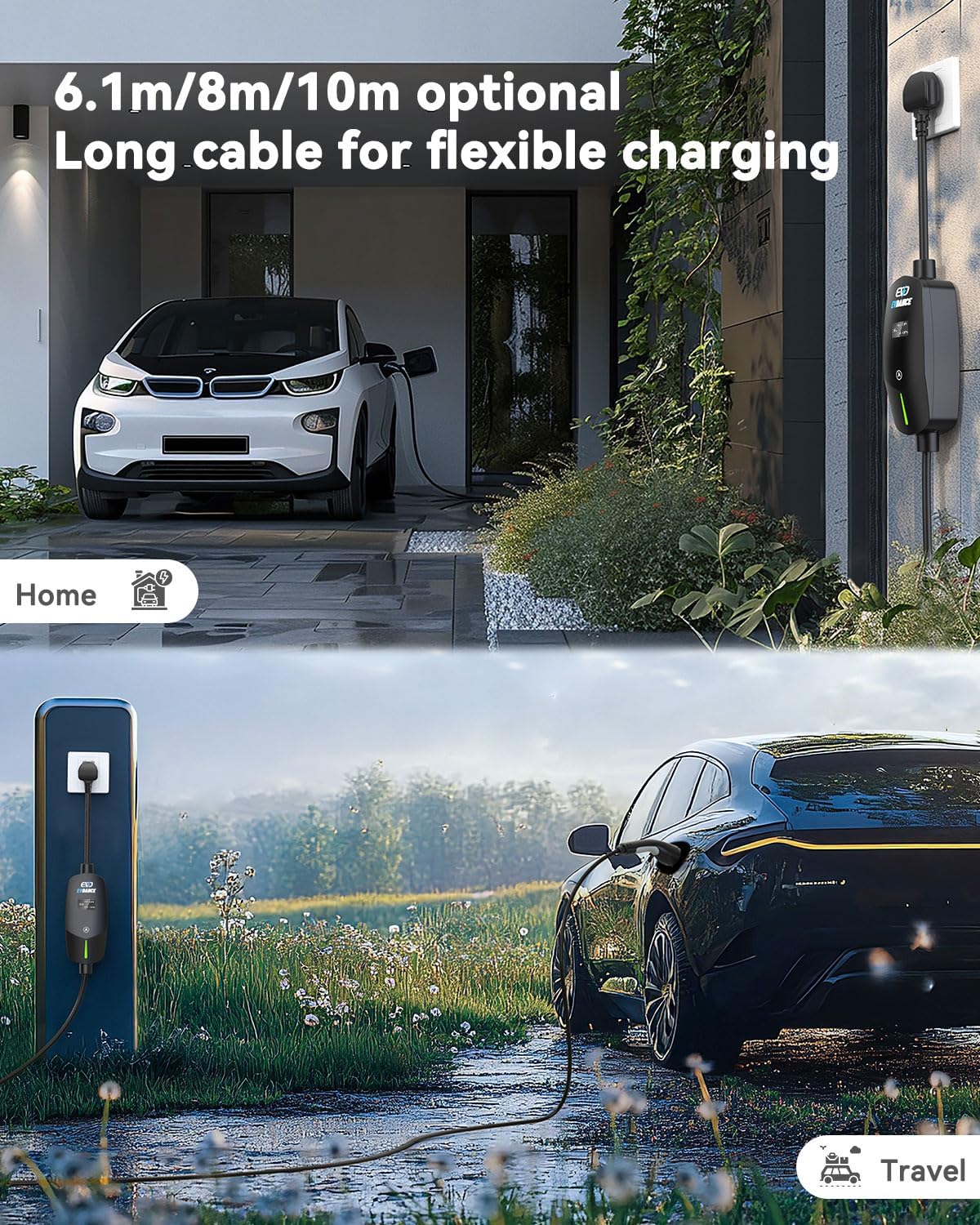 Detalle de EVDANCE 10m UK 3 Pin to Type 2 EV Charging Cable – IP66, 10A Max, for Home and Travel