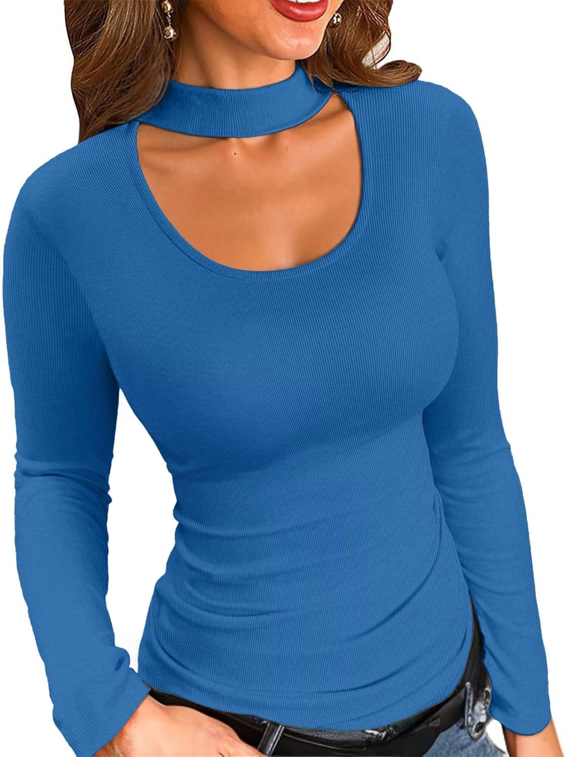 Thumbnail 6 de VICHYIE Damen Ribetrick Langarm Shirt Top – Doppel-Kragen-Design und bequeme Rippstruktur