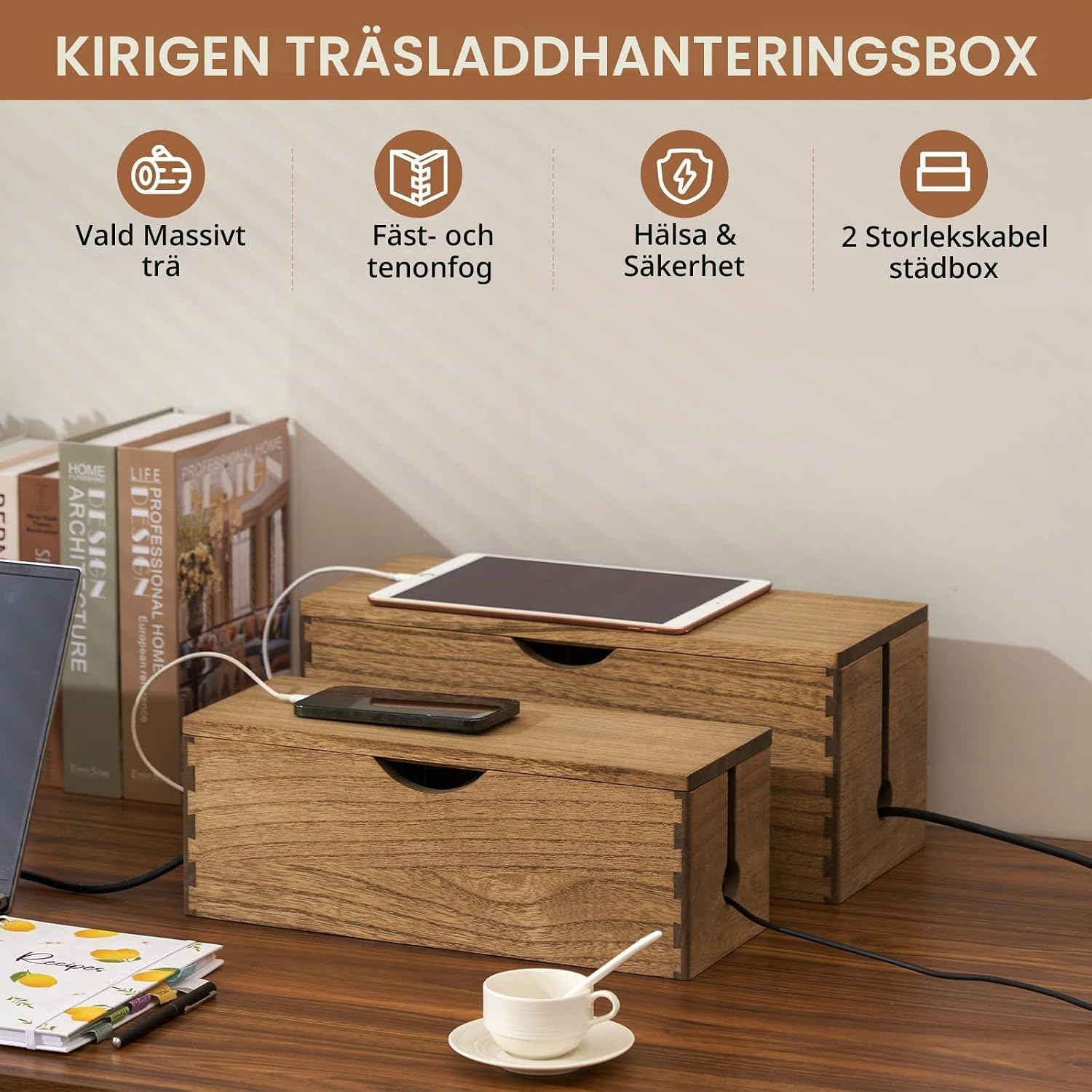 Detalle de KIRIGEN kabelbox i massivt paulowniaträ, 2-pack med gångjärnslock, mörkbrun