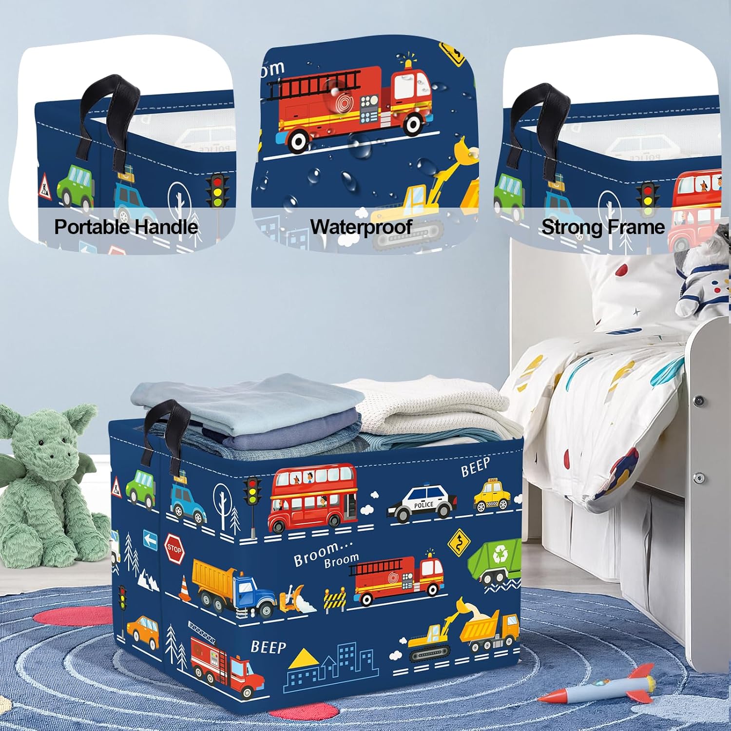 Detalle de HUUMONSS Cartoon Cars Storage Basket – 36L large toy box for kids’ toys, clothes and laundry