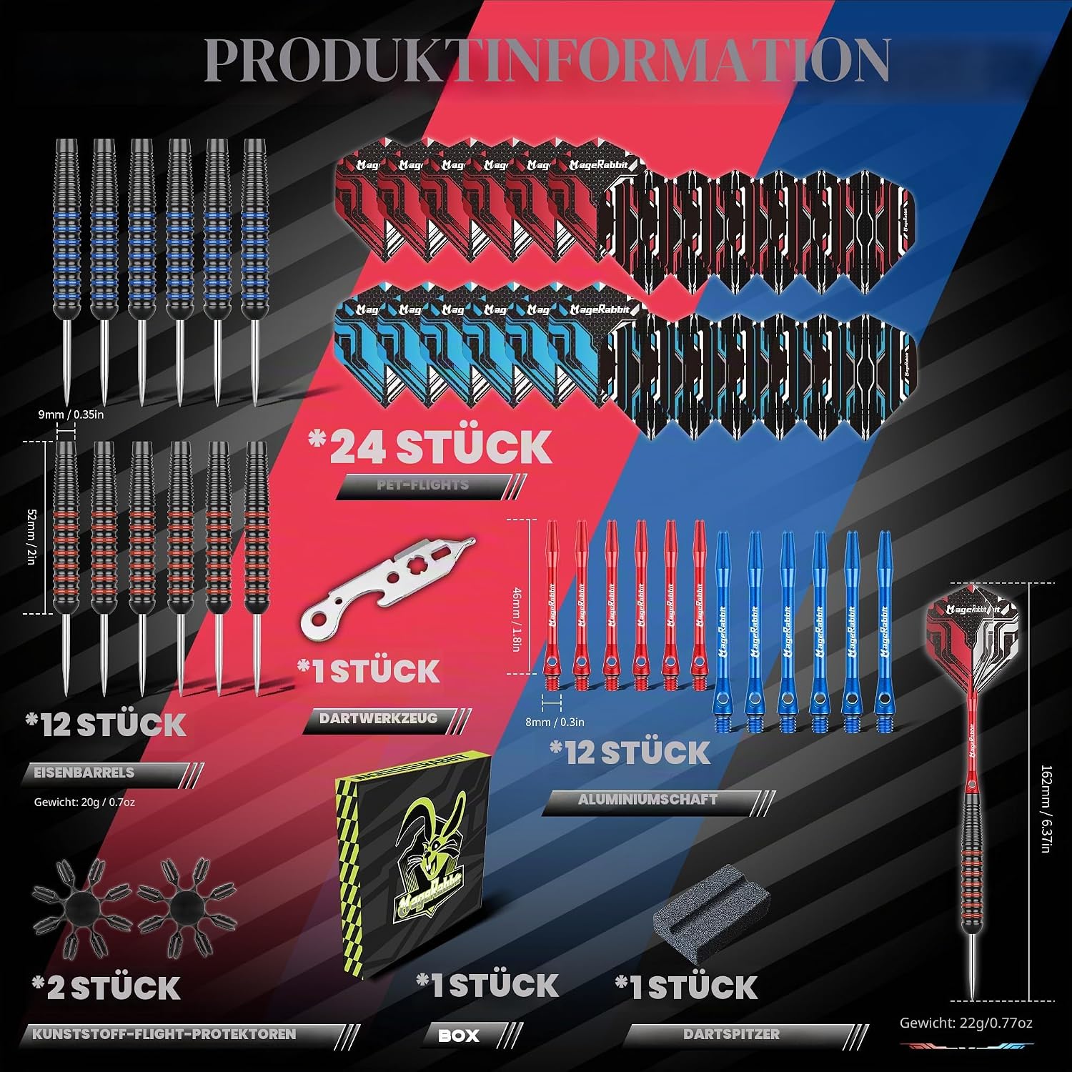 Detalle de MageRabbit Dartpfeile Set 12er Steel Darts, 22 g – Metallspitze, Aluminium-Schaft, 24 Flights + Werkzeug