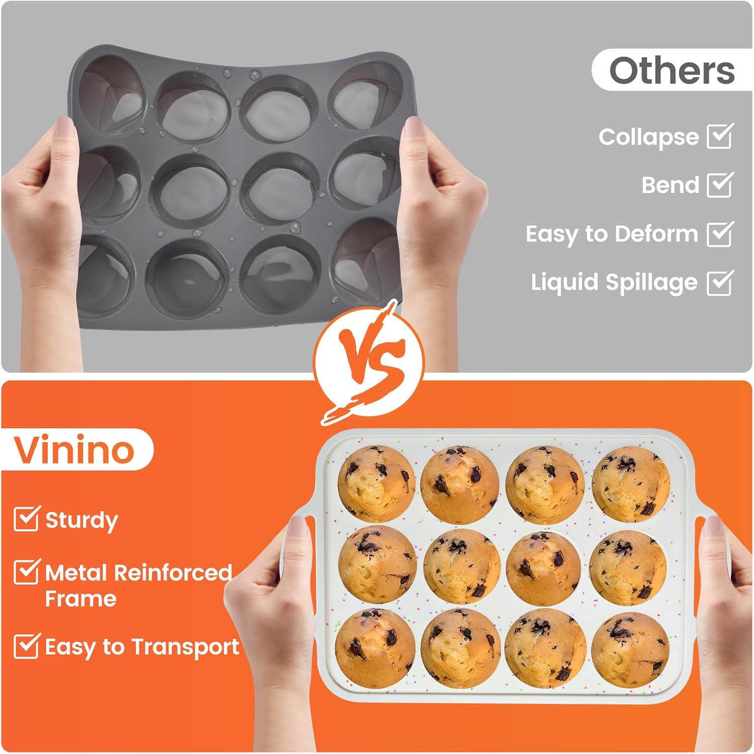 Thumbnail 2 de Vinino 2-Pack Silicone Muffin Pan (BPA-Free), 12-Cup Cupcake & Muffin Tray with Metal-Reinforced Frame