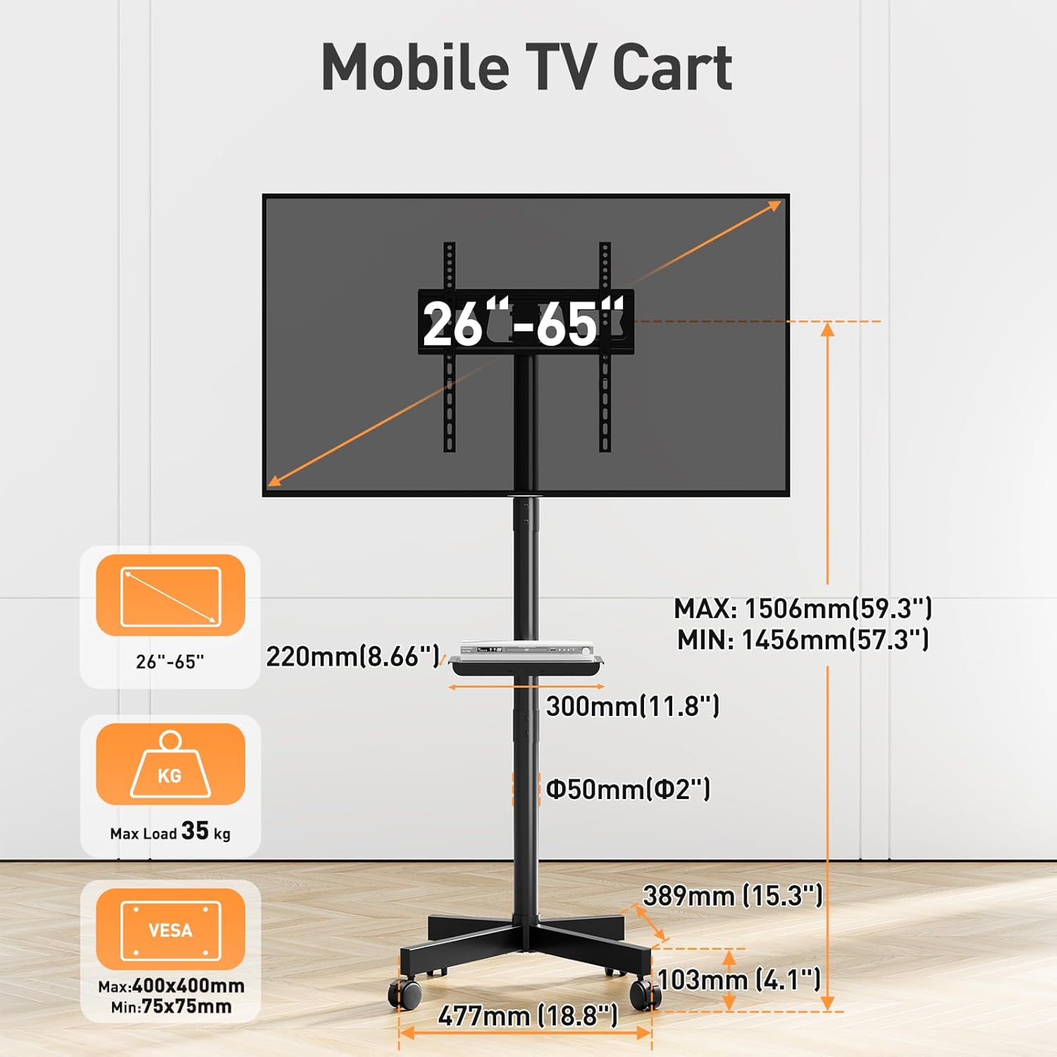 Detalle de ELIVED EV1117: Carrello porta TV mobile con rotelle per 26–60 pollici, fino a 25 kg