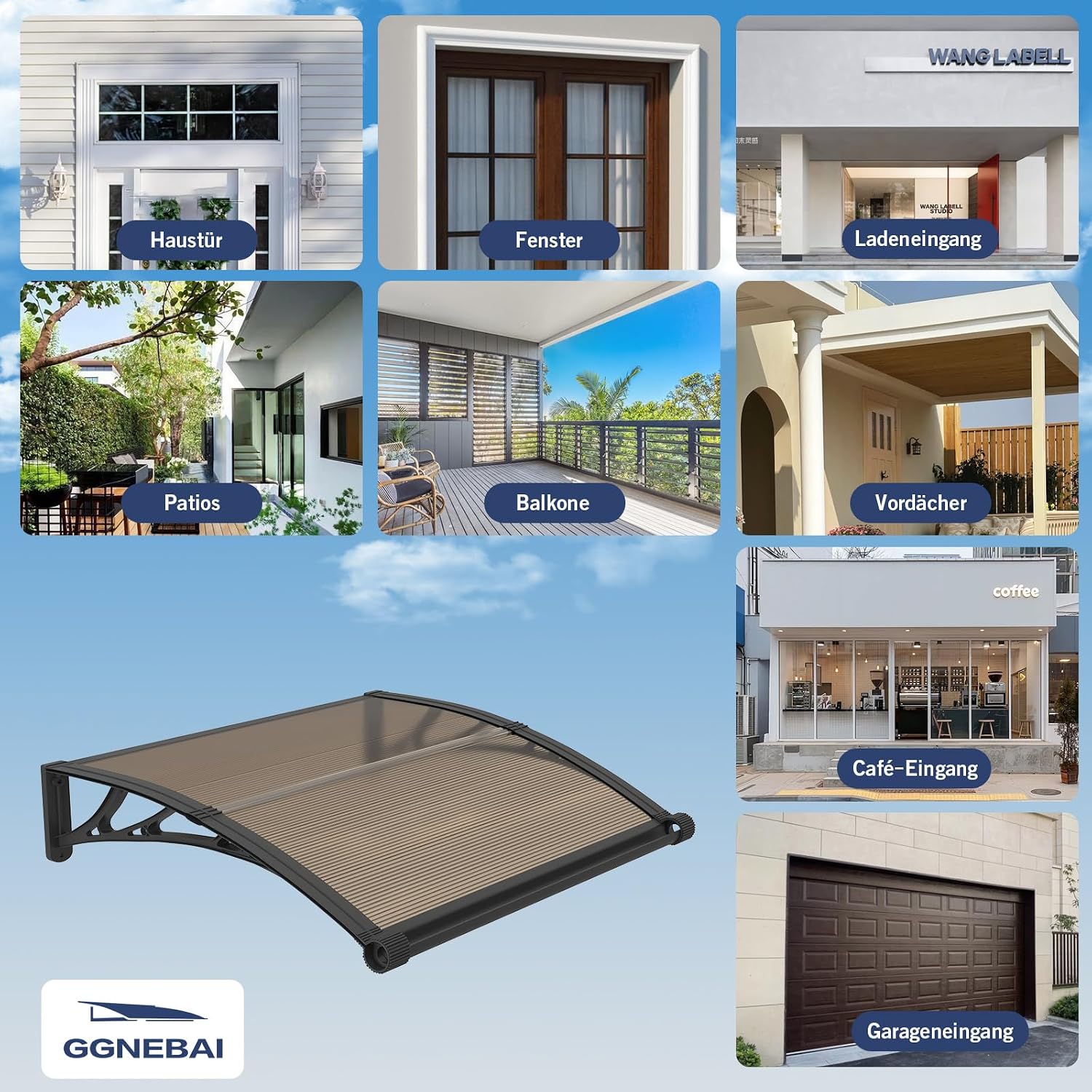 Thumbnail 6 de Vordach für Haustür 150x100 cm von GGNEBAI – Polycarbonat-Pultvordach mit separatem Entwässerungskanal