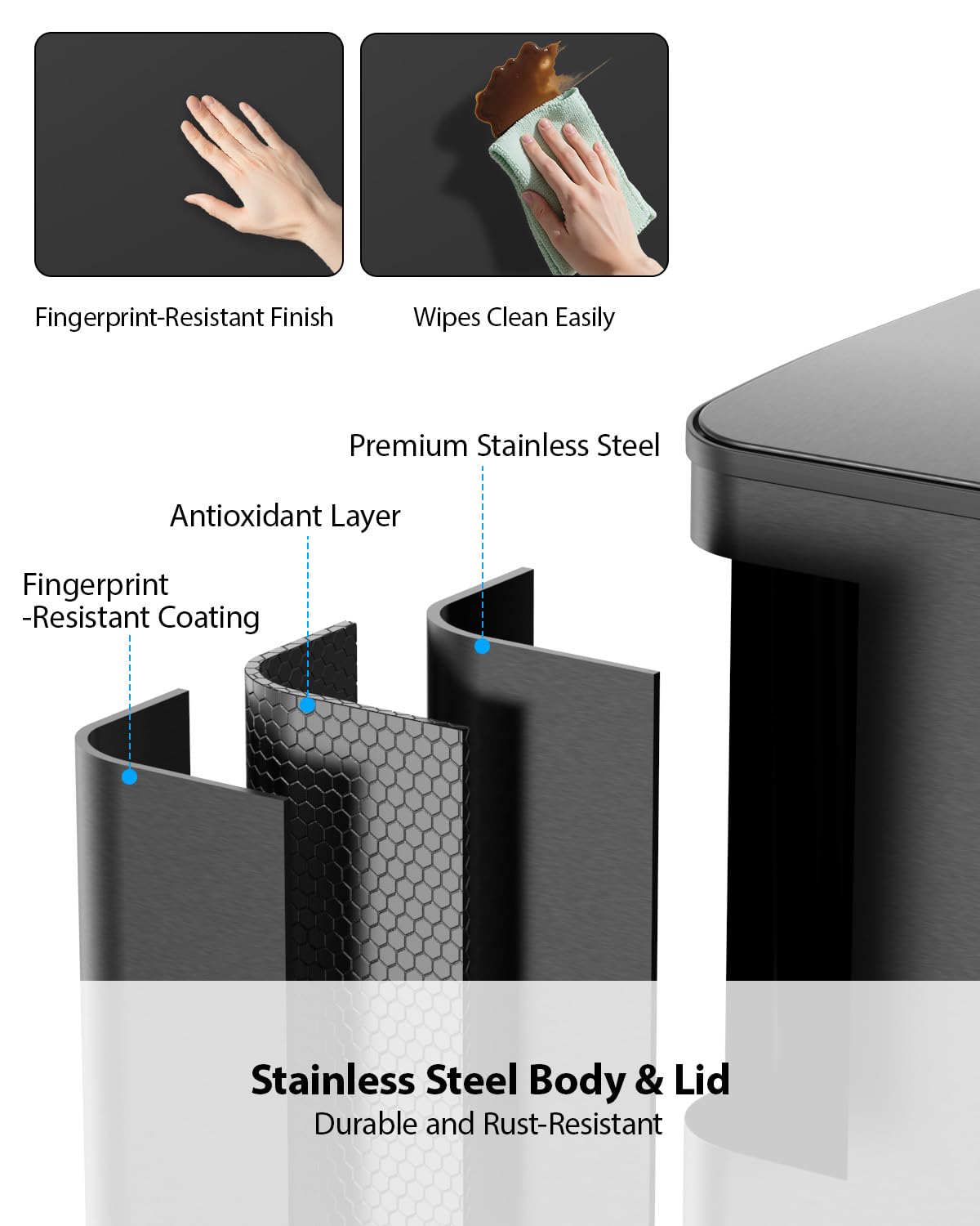 Thumbnail 3 de Lovewind Dual-Compartment Trash Can, 22-Gallon Stainless Steel, Quiet-Close, Black