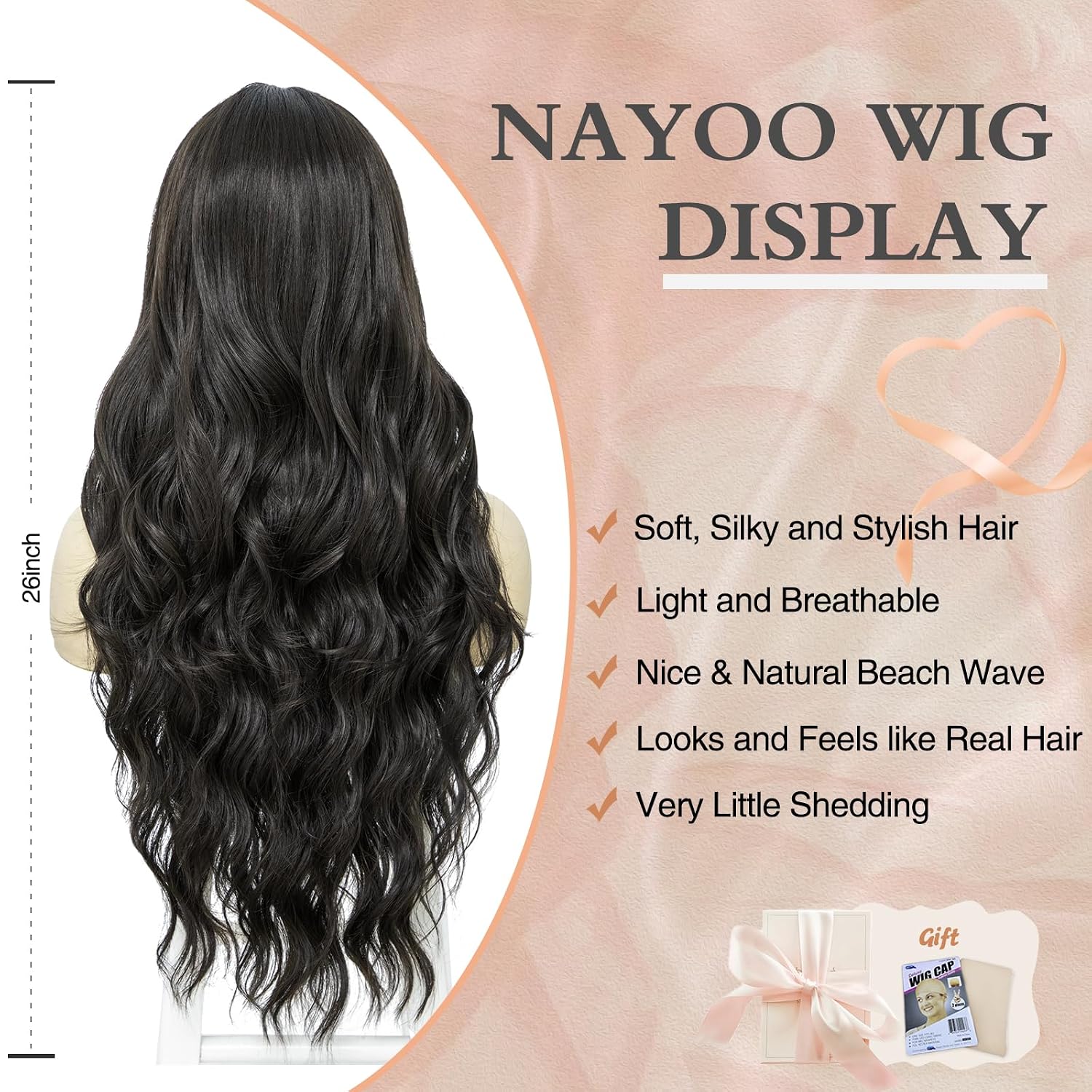 Detalle de NAYOO 229219 26-Inch Long Wavy Black Synthetic Wig with Middle Part