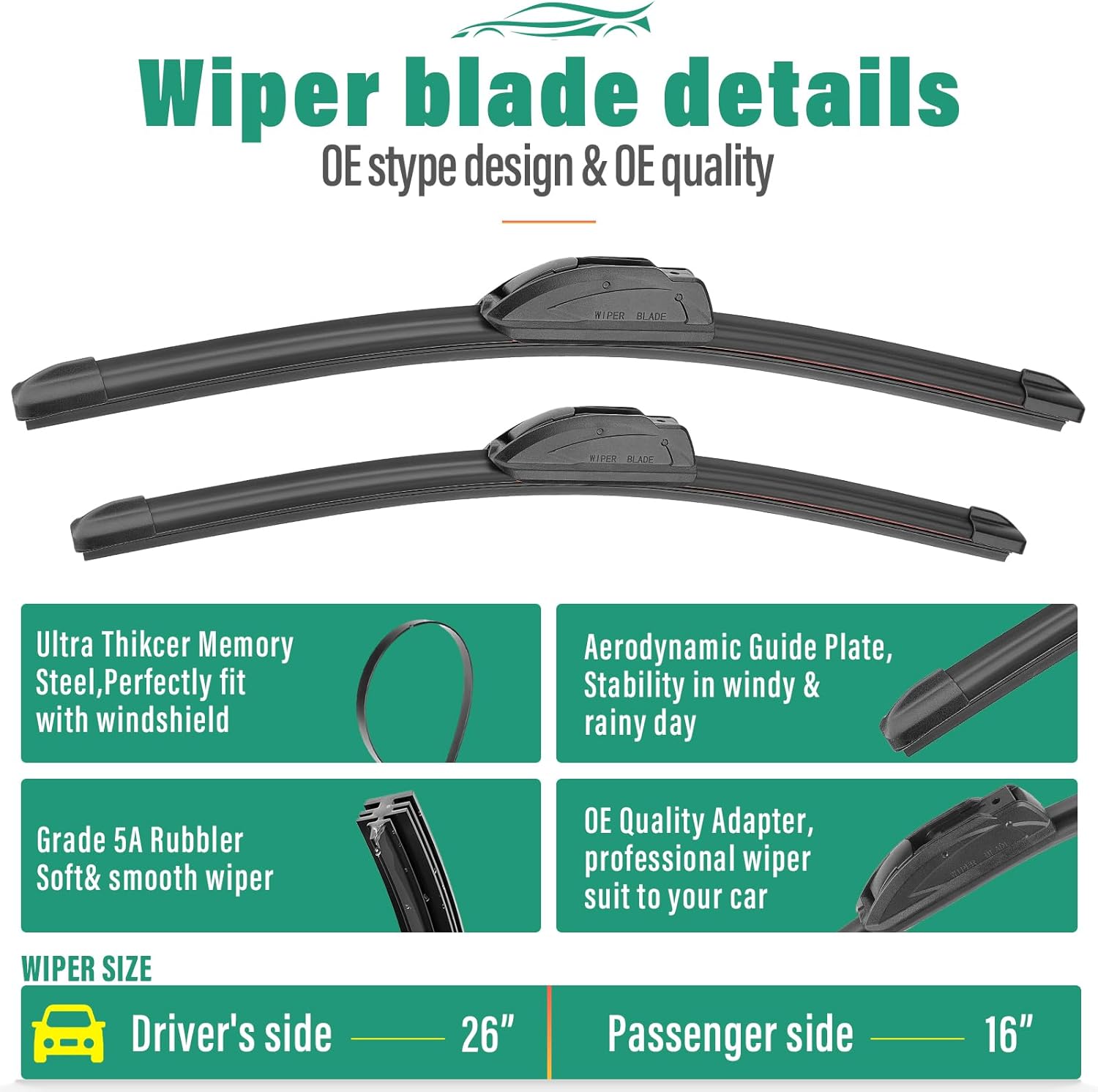 Thumbnail 3 de OEM-Quality Wiper Blade Set (Pack of 3) for 2022–2024 Hyundai Tucson (Not for Hybrid) — Front 26in + 16in, Rear 11in