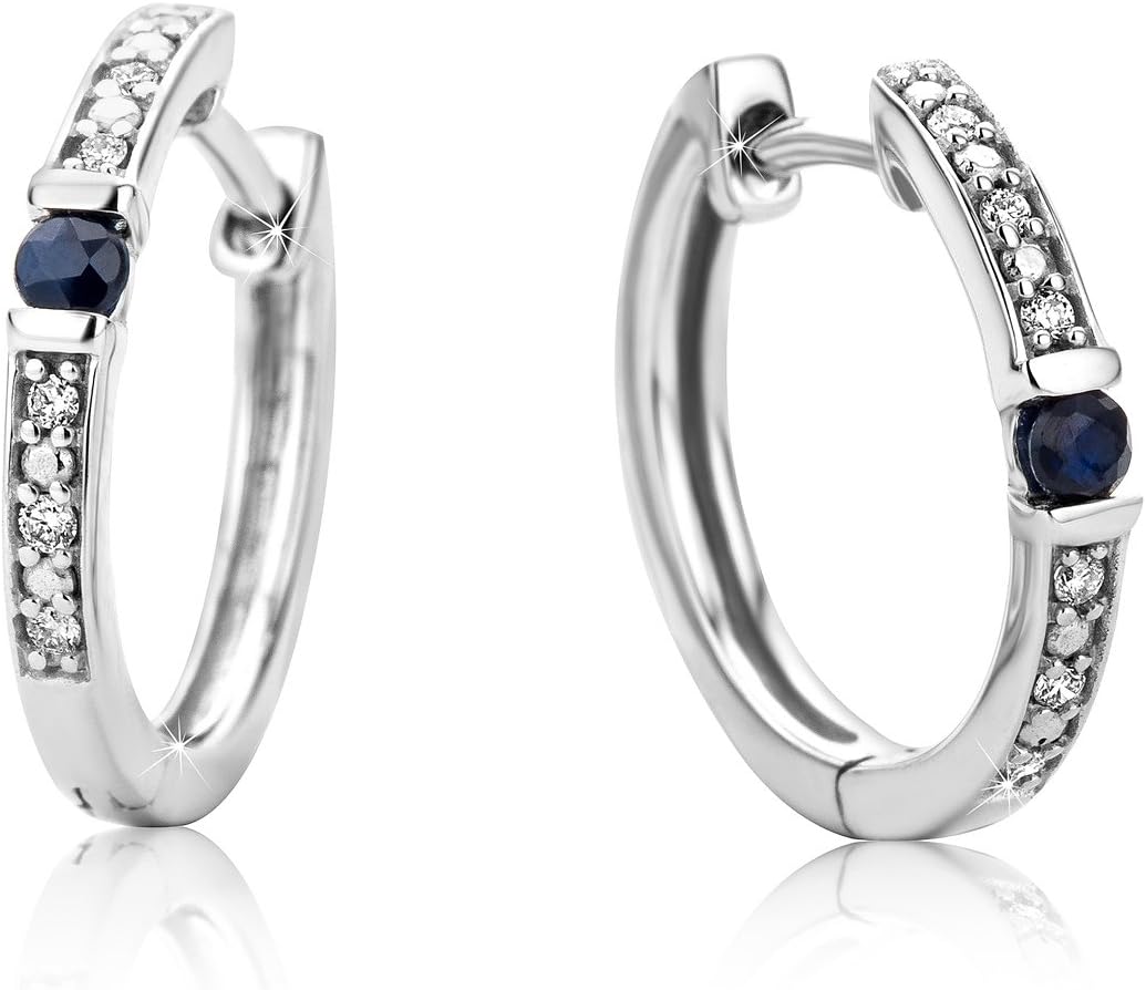 Thumbnail 1 de Orovi Boucles d'oreilles créoles en or blanc 9 carats avec diamant et saphir – 0,05 ct et 0,03 ct