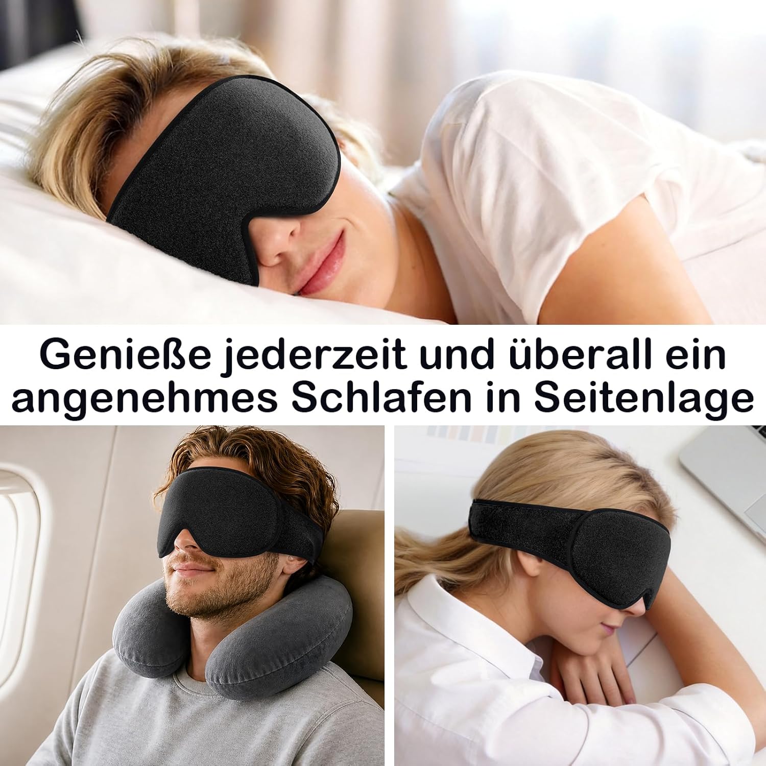 Thumbnail 6 de INNELO Schlafmaske für Seitenschläfer (3D lichtblockierend) mit Gehörschutz – ultraweich, mit Klettverschluss, Schwarz
