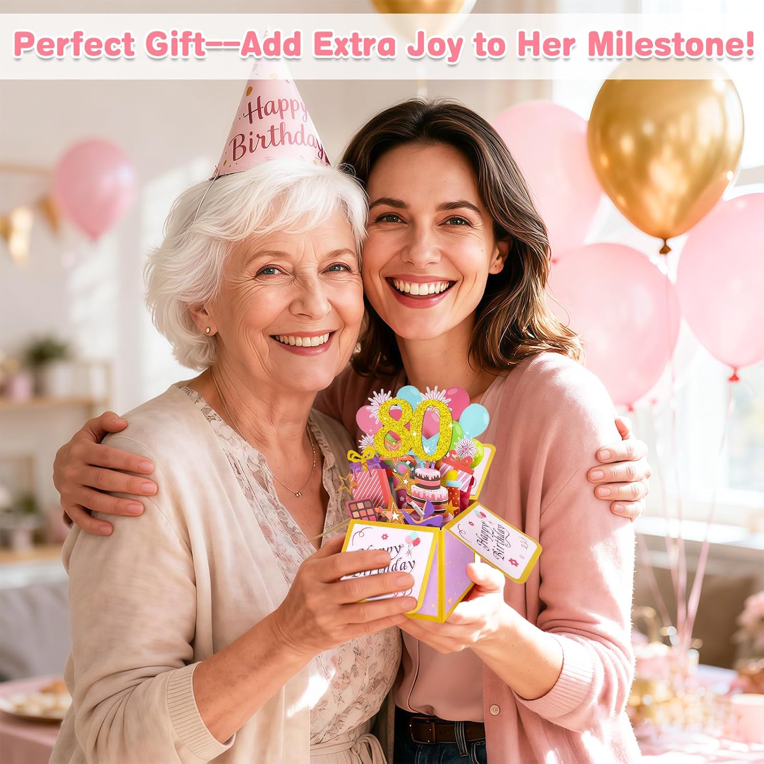 Detalle de Hierein 80th Birthday Card for Women – Pink Pop Up 3D Gift Box Card