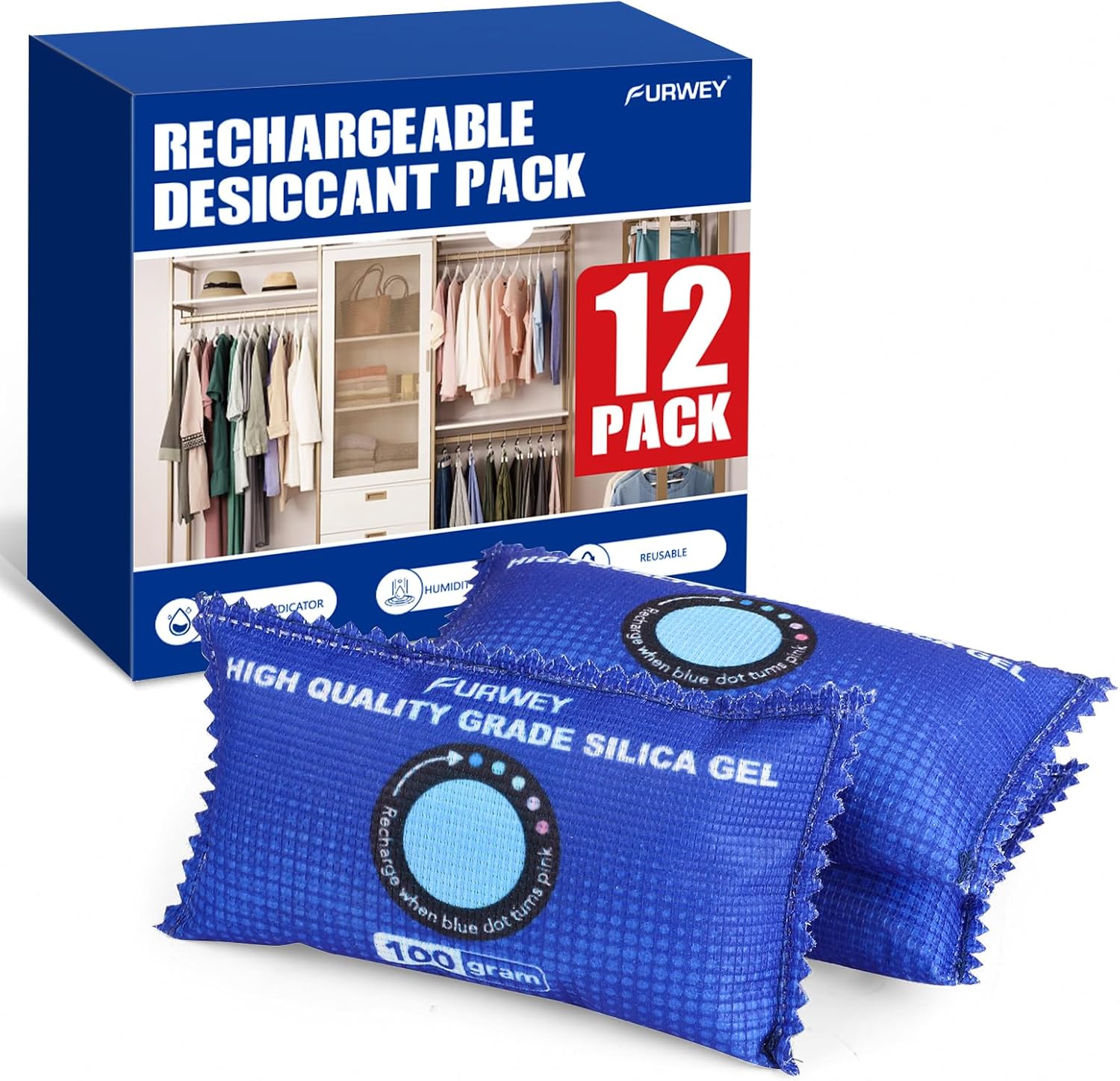 FURWEY 12 Pack Rechargeable Desiccant Packs – 100g Each (Blue, Color Indicating Silica Gel) for Storage, Closets, Cars, and Bins