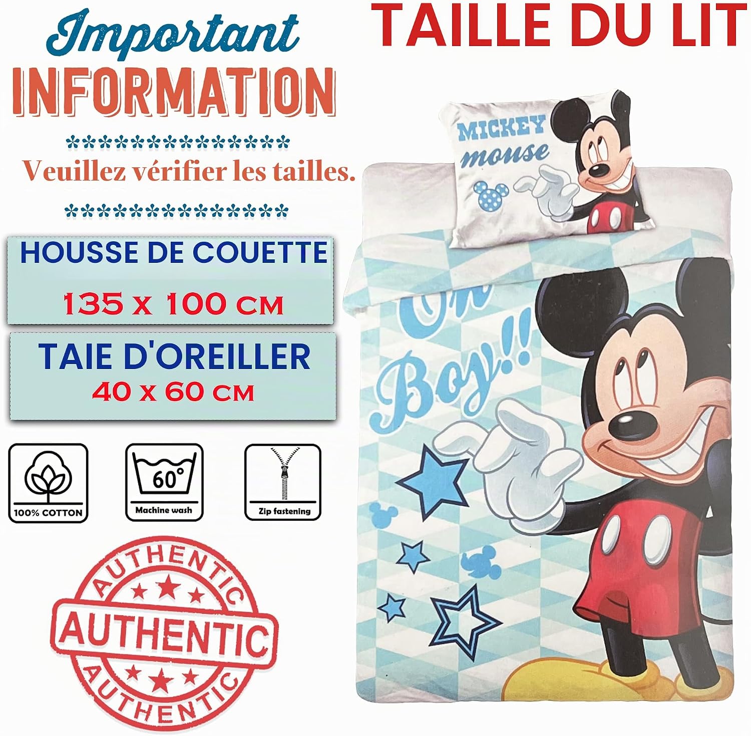 Detalle de Disney 5_SML Oh Boy Mouse-beddengoedset voor baby’s, katoen, omkeerbaar, 100 x 135 cm