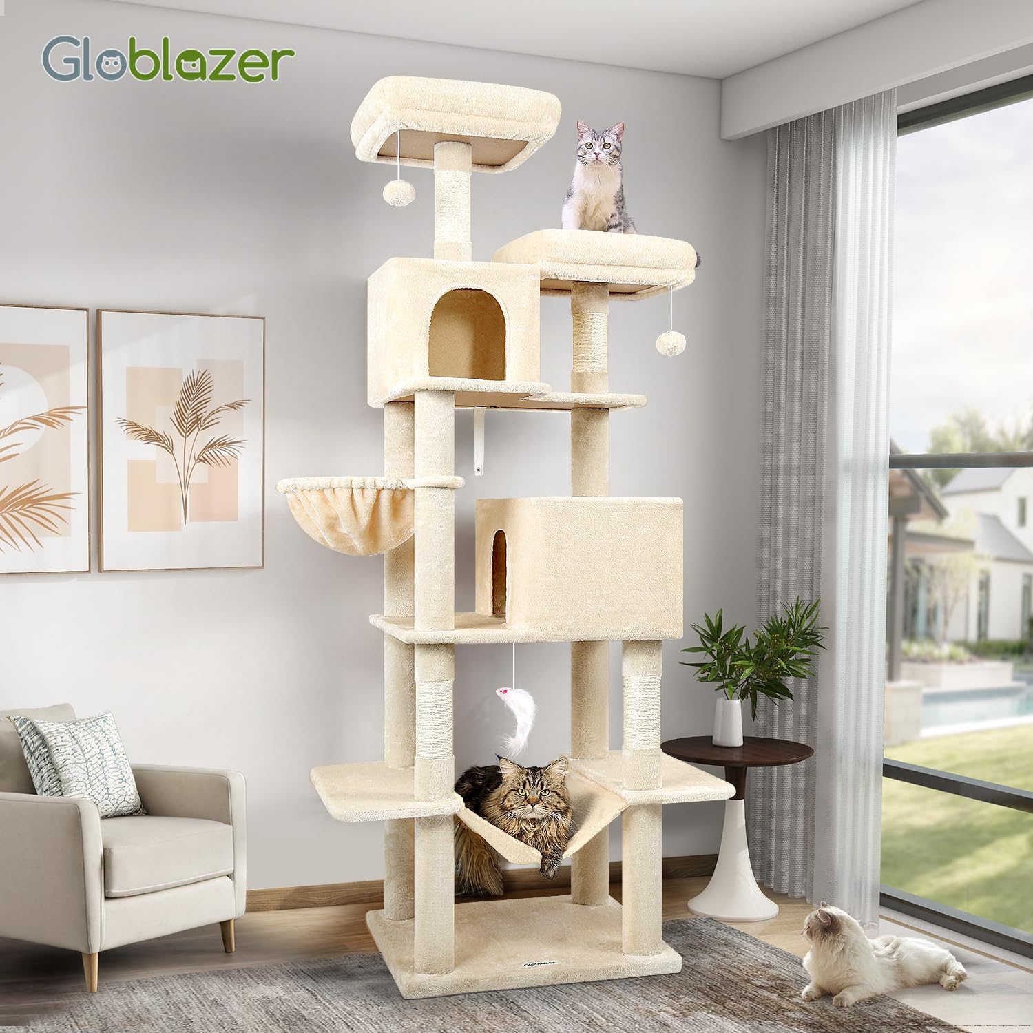 Thumbnail 6 de Globlazer Kratzbaum Beige XXL 195 cm hoch mit 2 Katzenhäusern, 2 Sitzstangen und großer Hängematte